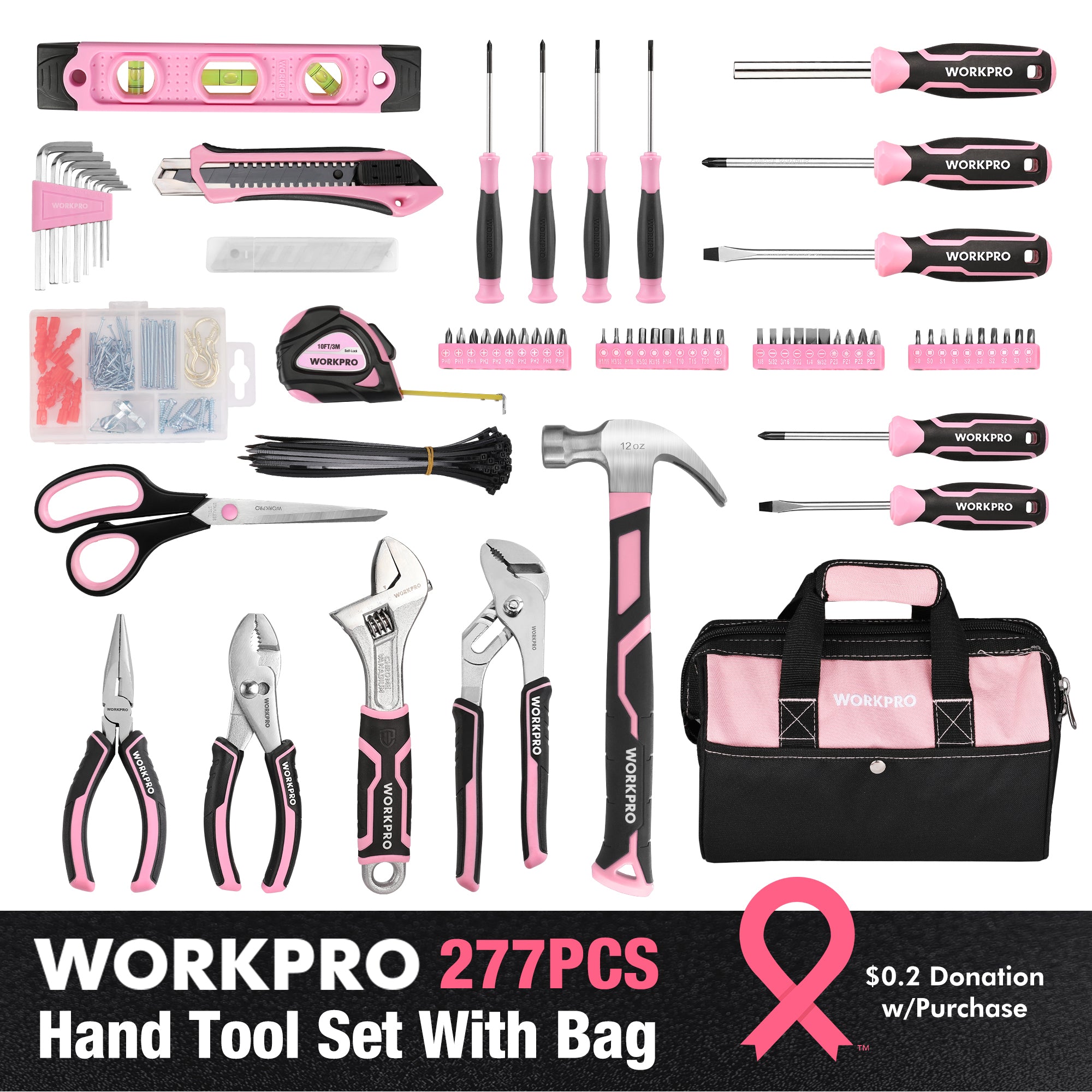 WORKPRO 277 Pcs Pink Tool Set with Wide Mouth Open Storage Bag - Pink Ribbon - Image 2