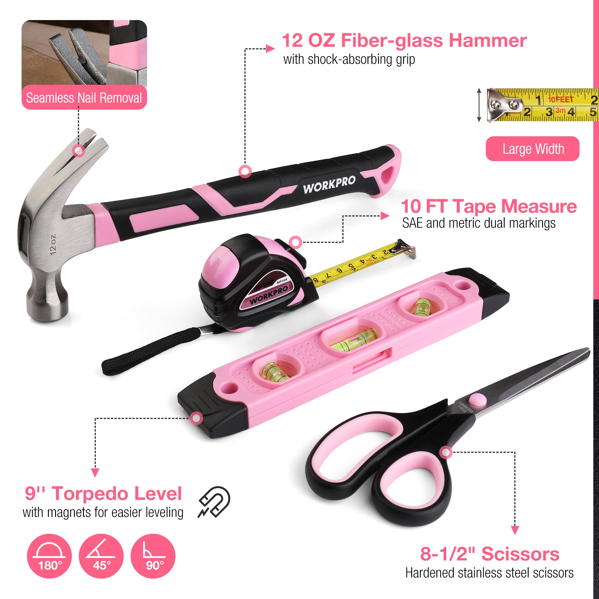WORKPRO 277 Pcs Pink Tool Set with Wide Mouth Open Storage Bag - Pink Ribbon - Image 3