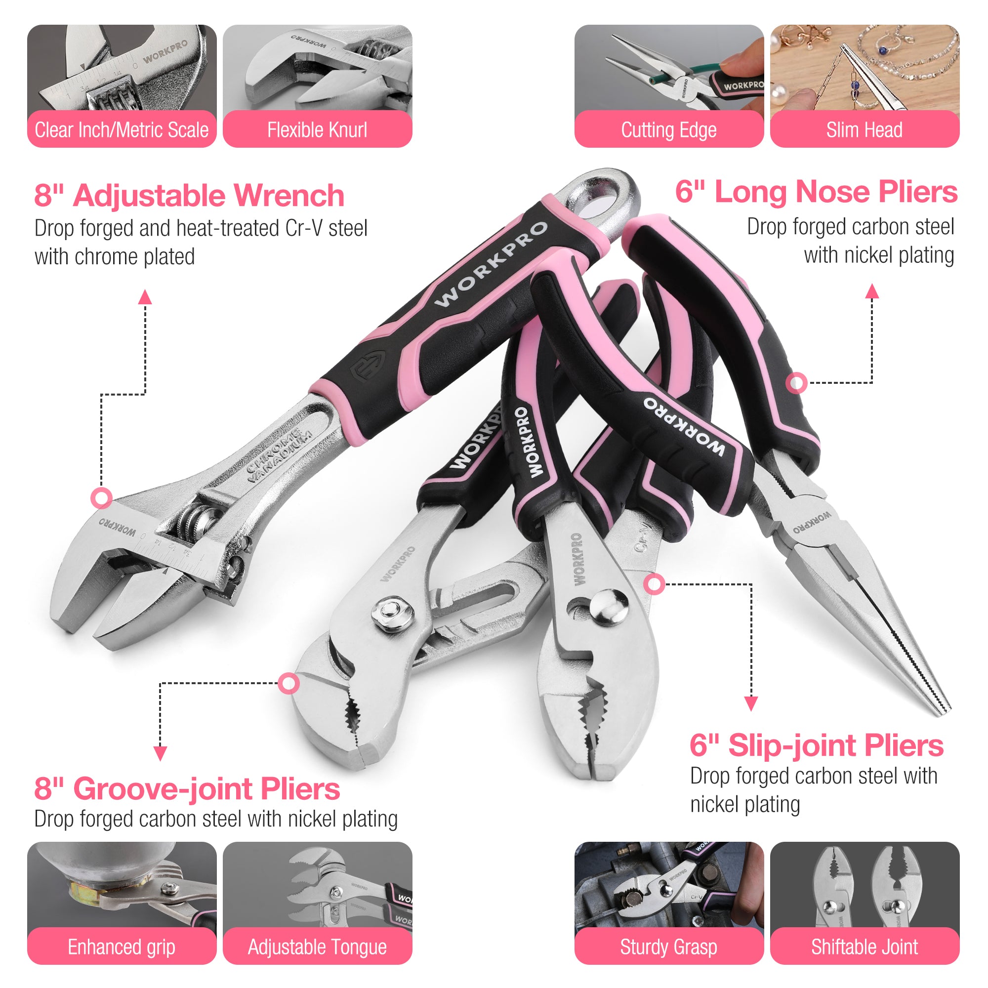 WORKPRO 277 Pcs Pink Tool Set with Wide Mouth Open Storage Bag - Pink Ribbon - Image 4