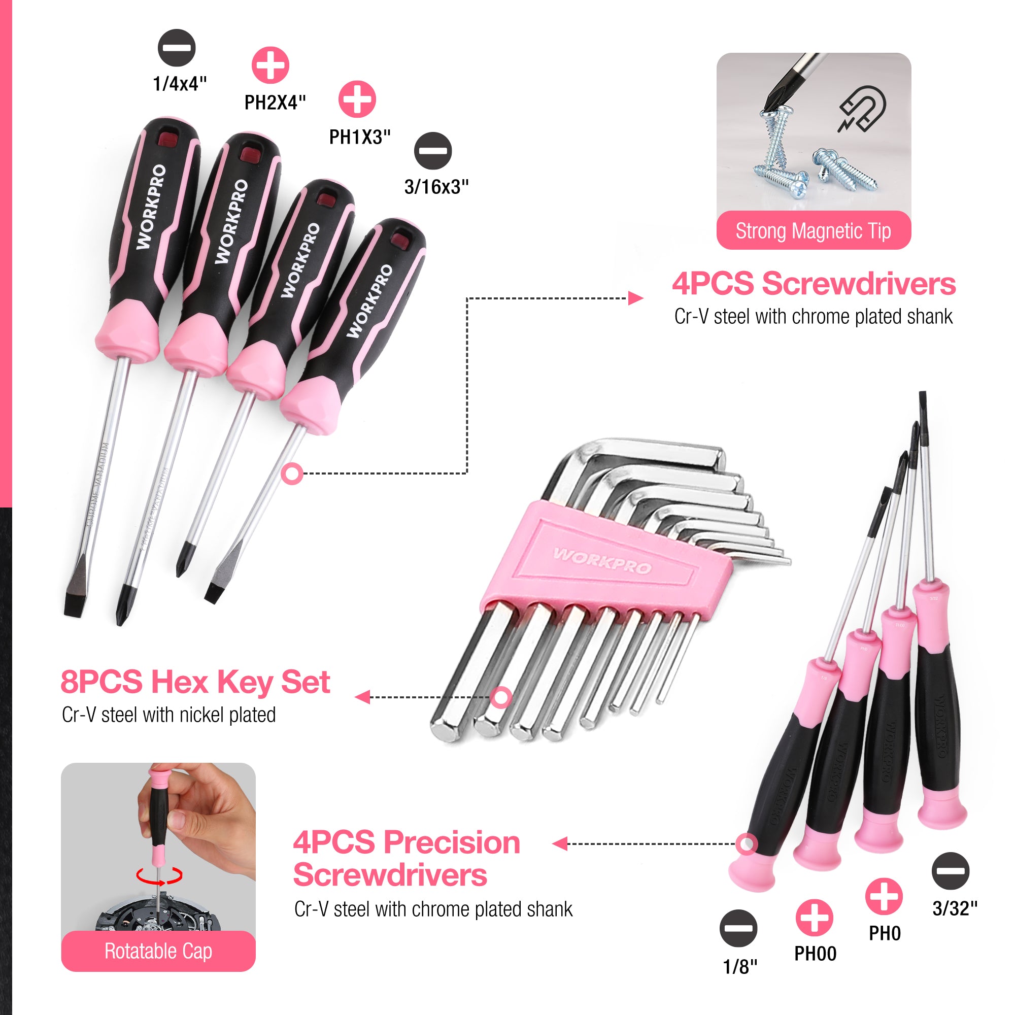 WORKPRO 277 Pcs Pink Tool Set with Wide Mouth Open Storage Bag - Pink Ribbon - Image 5