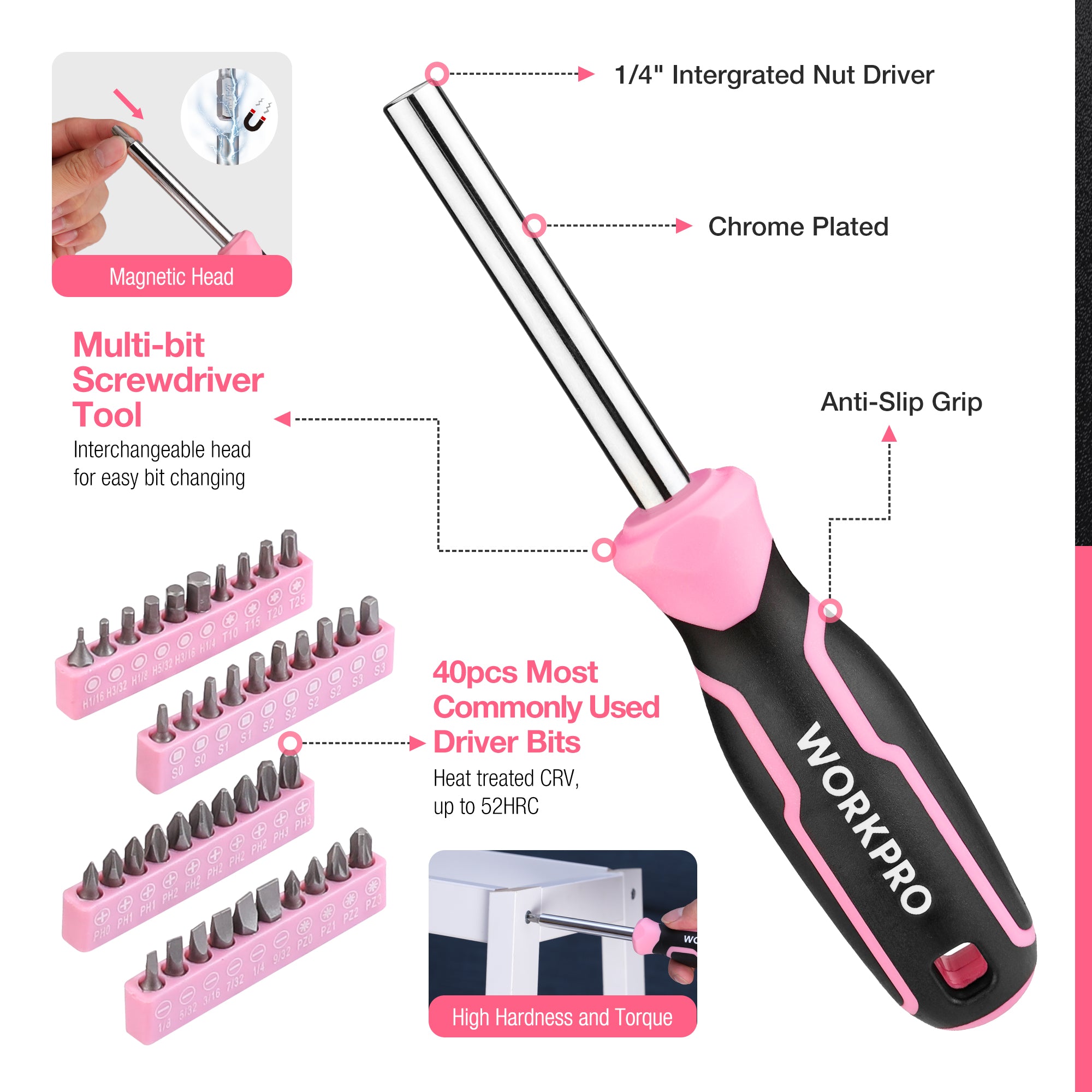 WORKPRO 277 Pcs Pink Tool Set with Wide Mouth Open Storage Bag - Pink Ribbon - Image 6