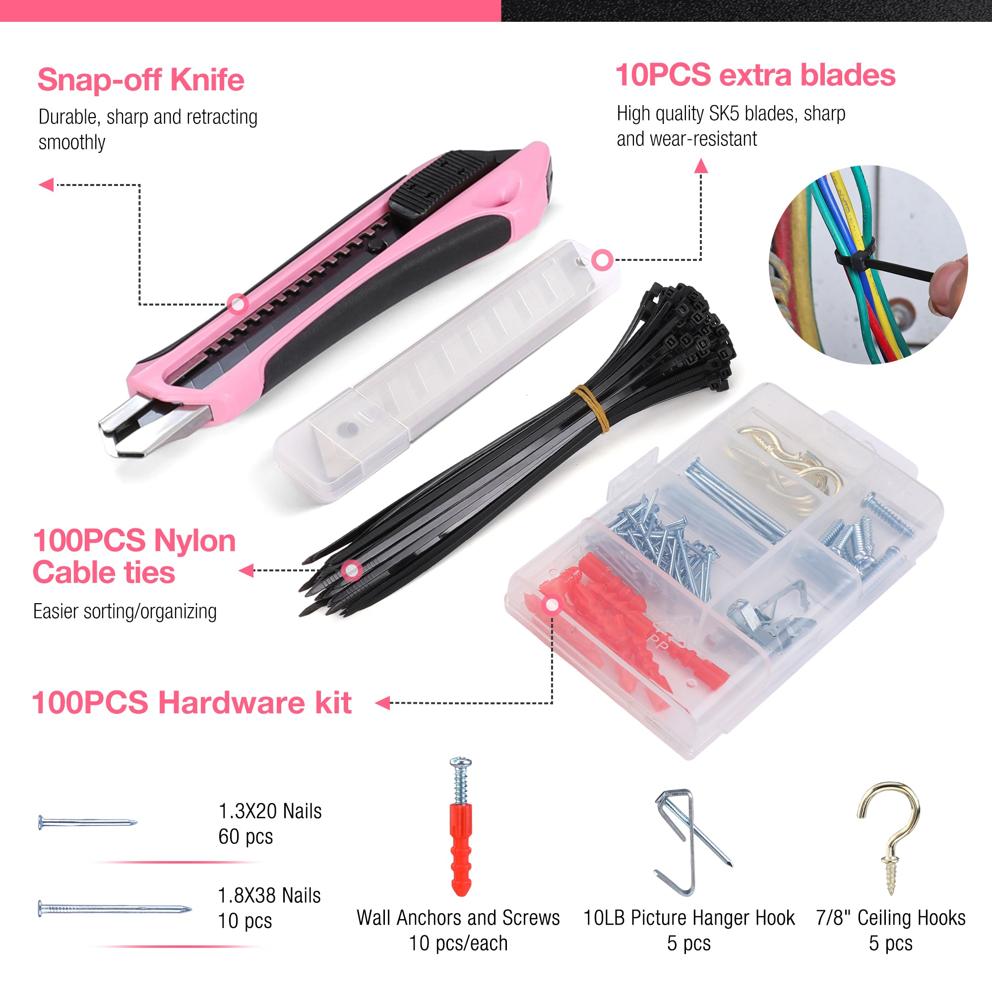 WORKPRO 277 Pcs Pink Tool Set with Wide Mouth Open Storage Bag - Pink Ribbon - Image 7