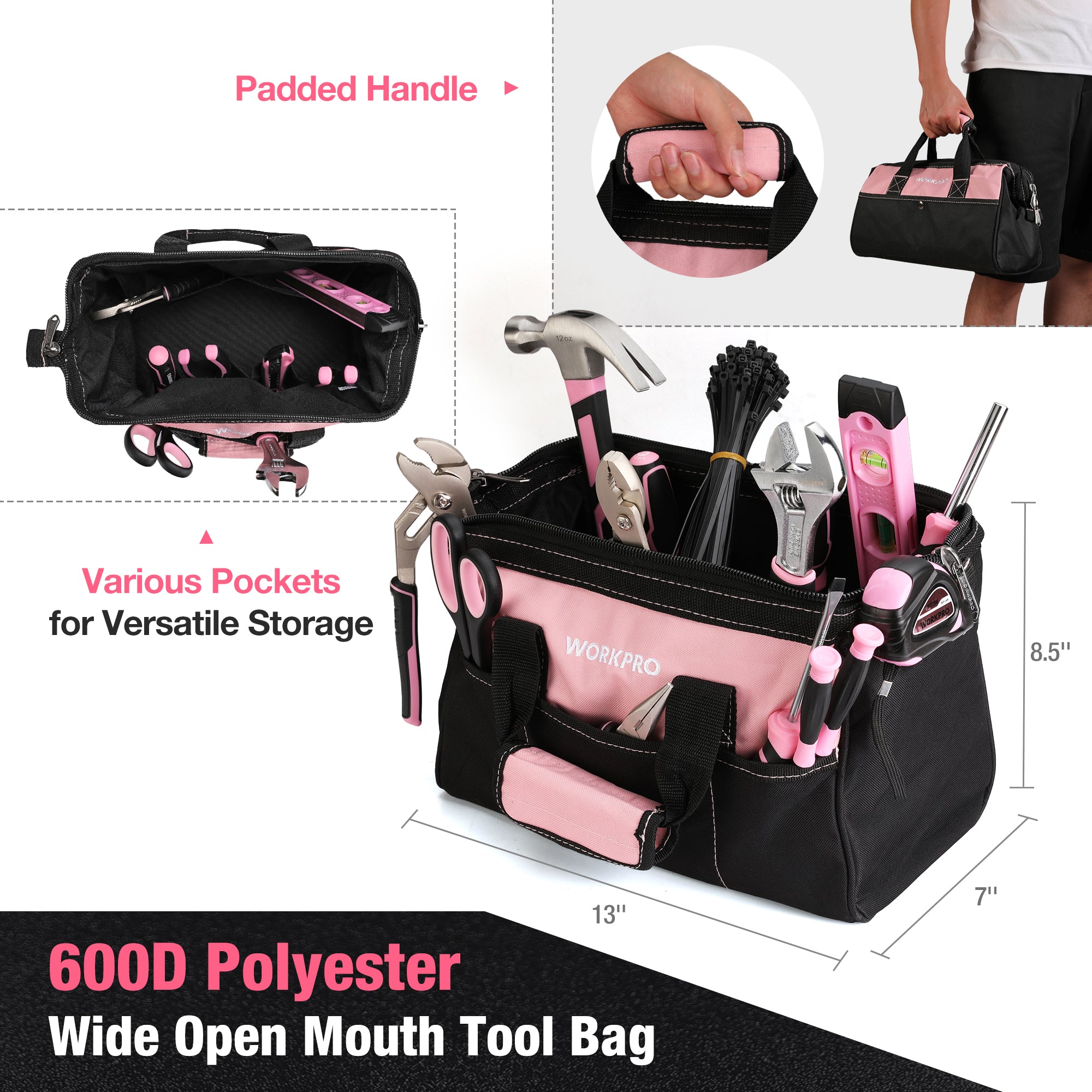 WORKPRO 277 Pcs Pink Tool Set with Wide Mouth Open Storage Bag - Pink Ribbon - Image 8