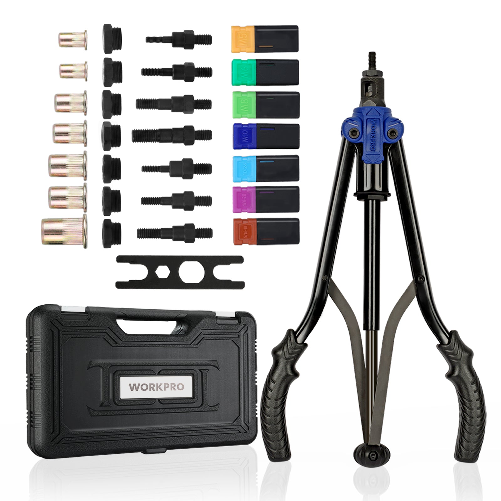 WORKPRO 15" Rivet Nut Tool 70pcs Rivet Nuts and Carry Case Threaded Hand Nutsert Tool Kit