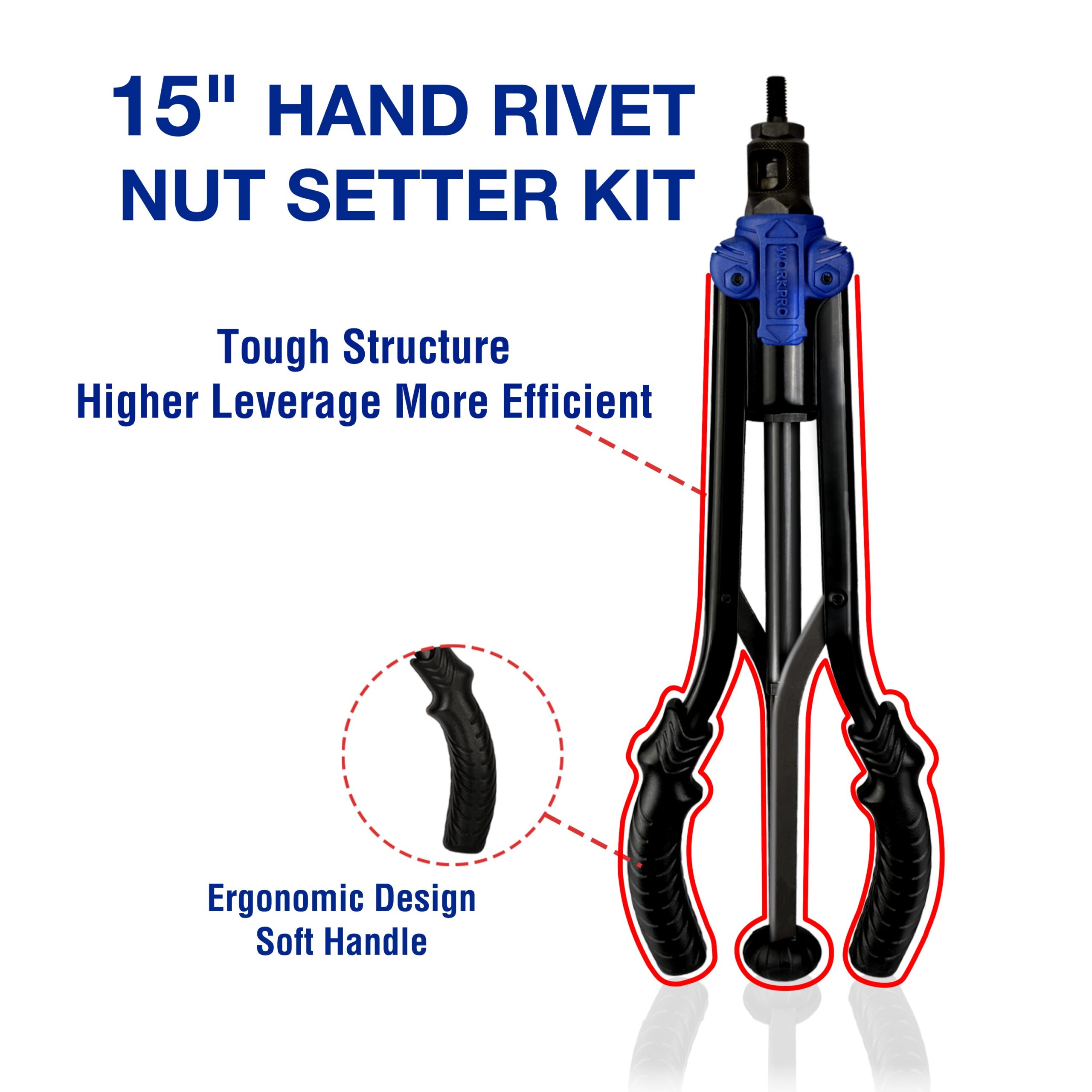WORKPRO 15" Rivet Nut Tool 70pcs Rivet Nuts and Carry Case Threaded Hand Nutsert Tool Kit - Image 2