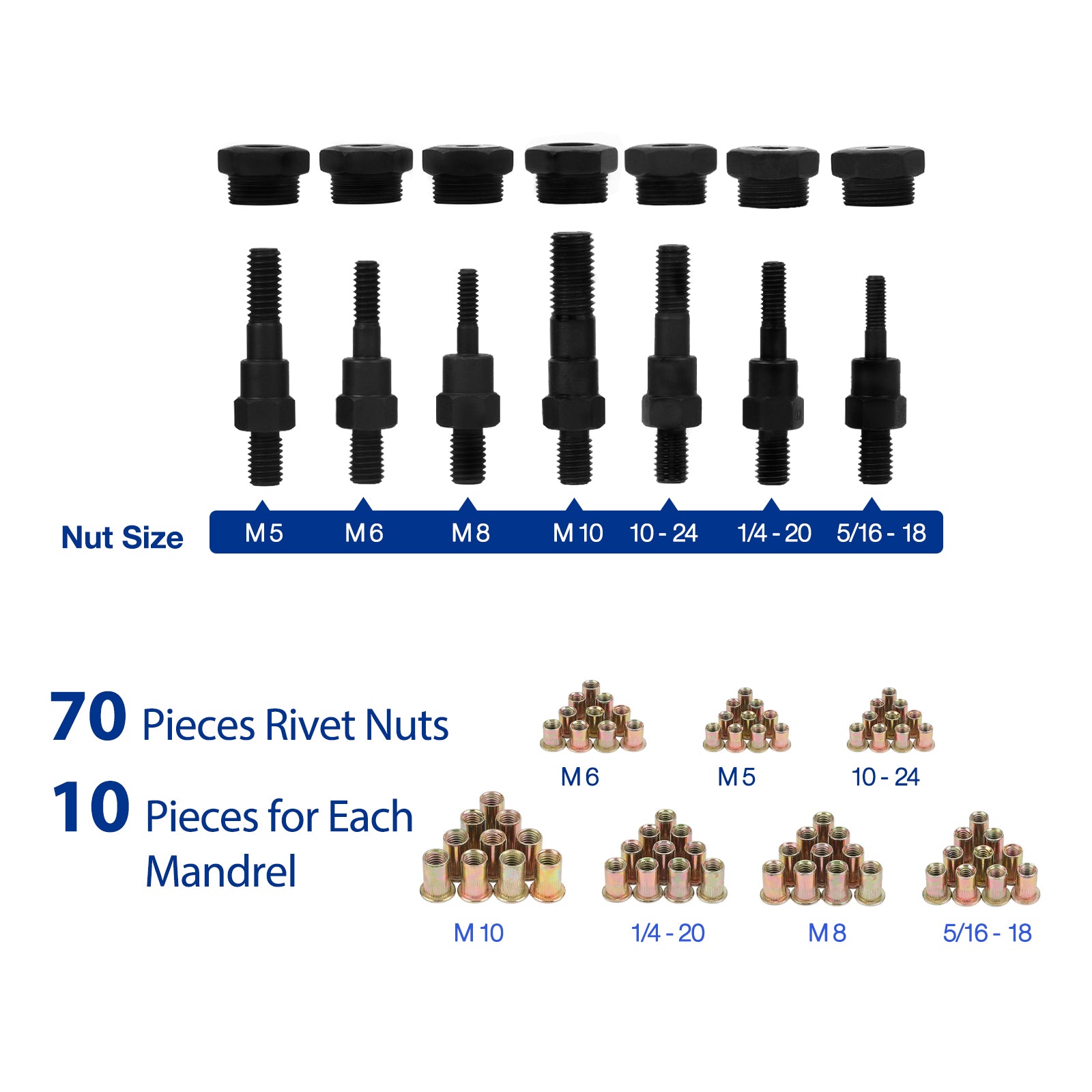 WORKPRO 15" Rivet Nut Tool 70pcs Rivet Nuts and Carry Case Threaded Hand Nutsert Tool Kit - Image 4
