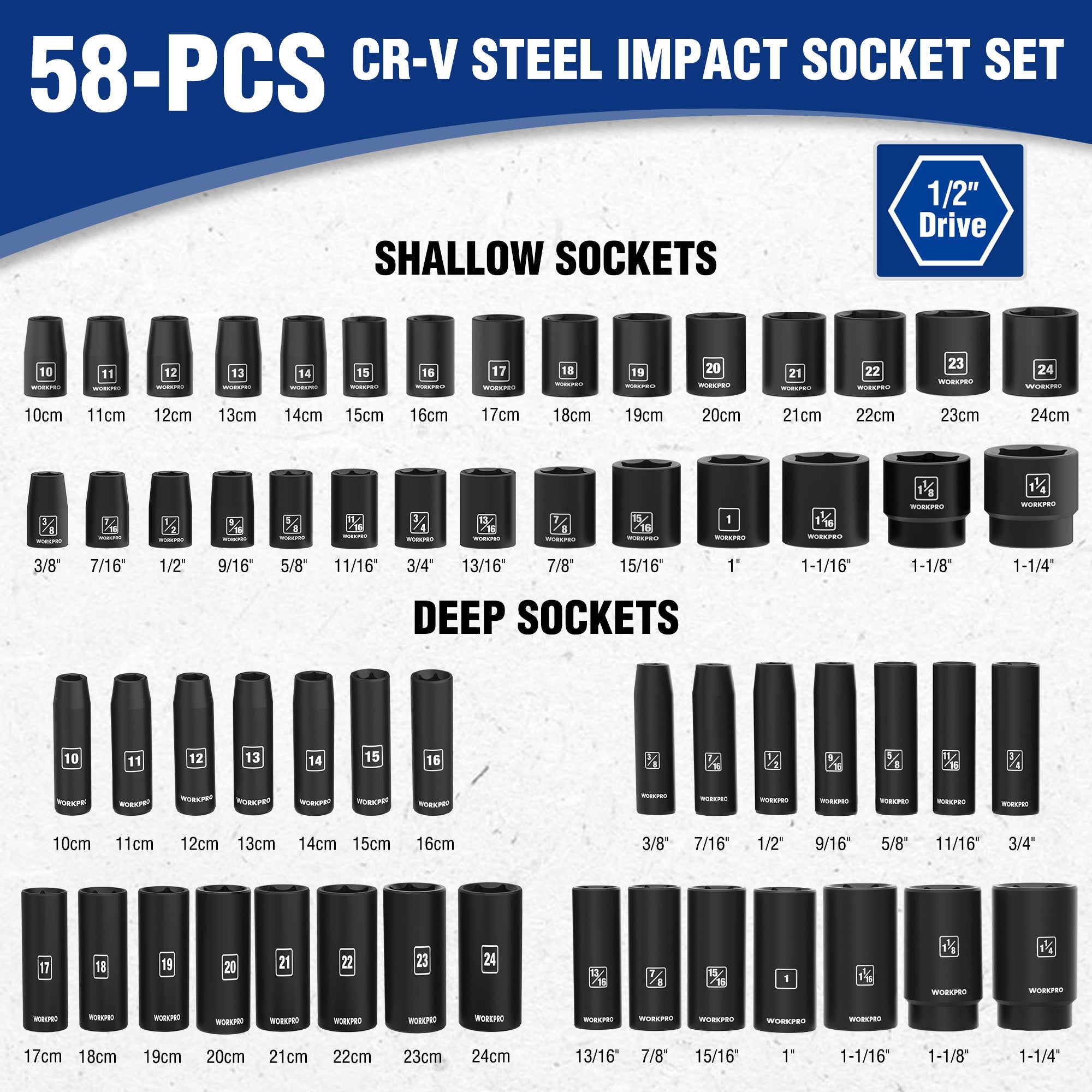 WORKPRO 65PCS 1/2” Drive Impact Socket Set, SAE&Metric Deep & Shallow Kit - Image 3