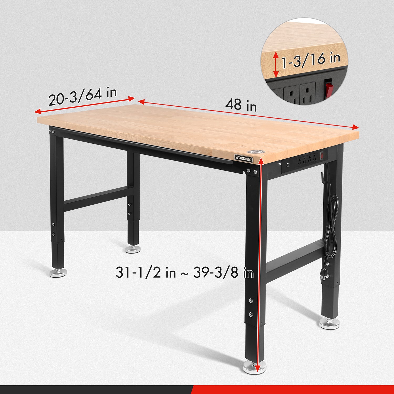 WORKPRO 48"×20" Adjustable Workbench 2000 LBS Load Capacity Hardwood Worktable with Power Outlets - Image 2