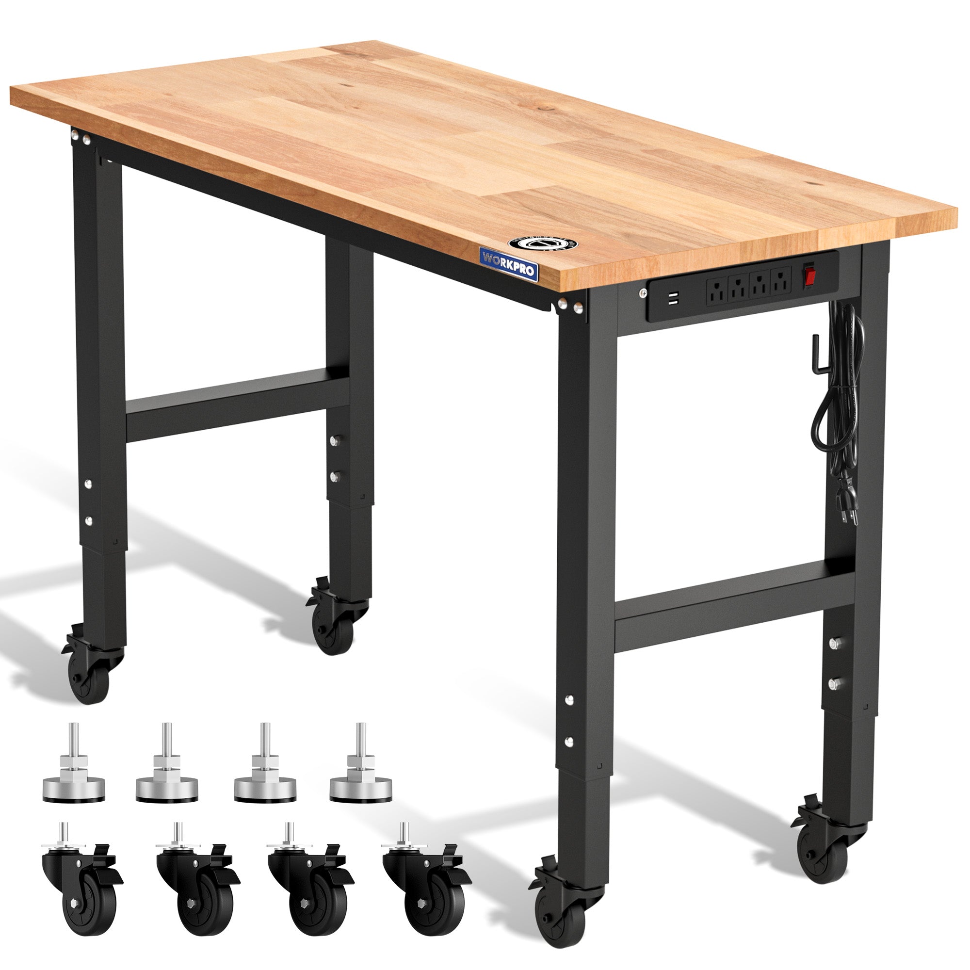 WORKPRO 48"×22" Adjustable Rubber Wood Top Workbench with Casters, Leveling Foot and Power Outlets, 1500 LBS Load Capacity