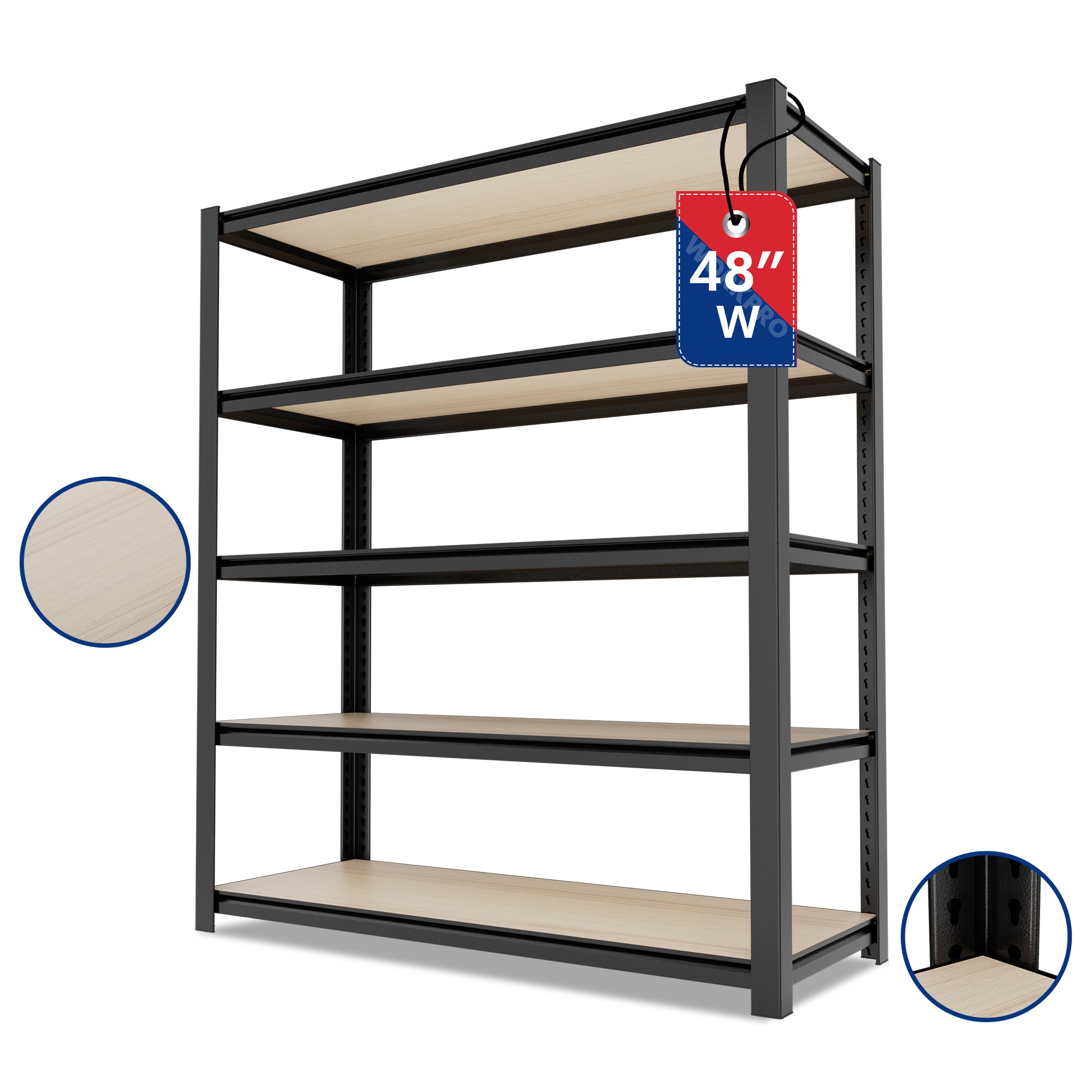 WORKPRO 5-Tier Black Shelving with Board, 48"W x 24"D x 72"H, 3000LBS Load | Adjustable, Heavy Duty, 3000lbs, Boltless Shelving for Kitchen, Living Room, Garage - Image 11