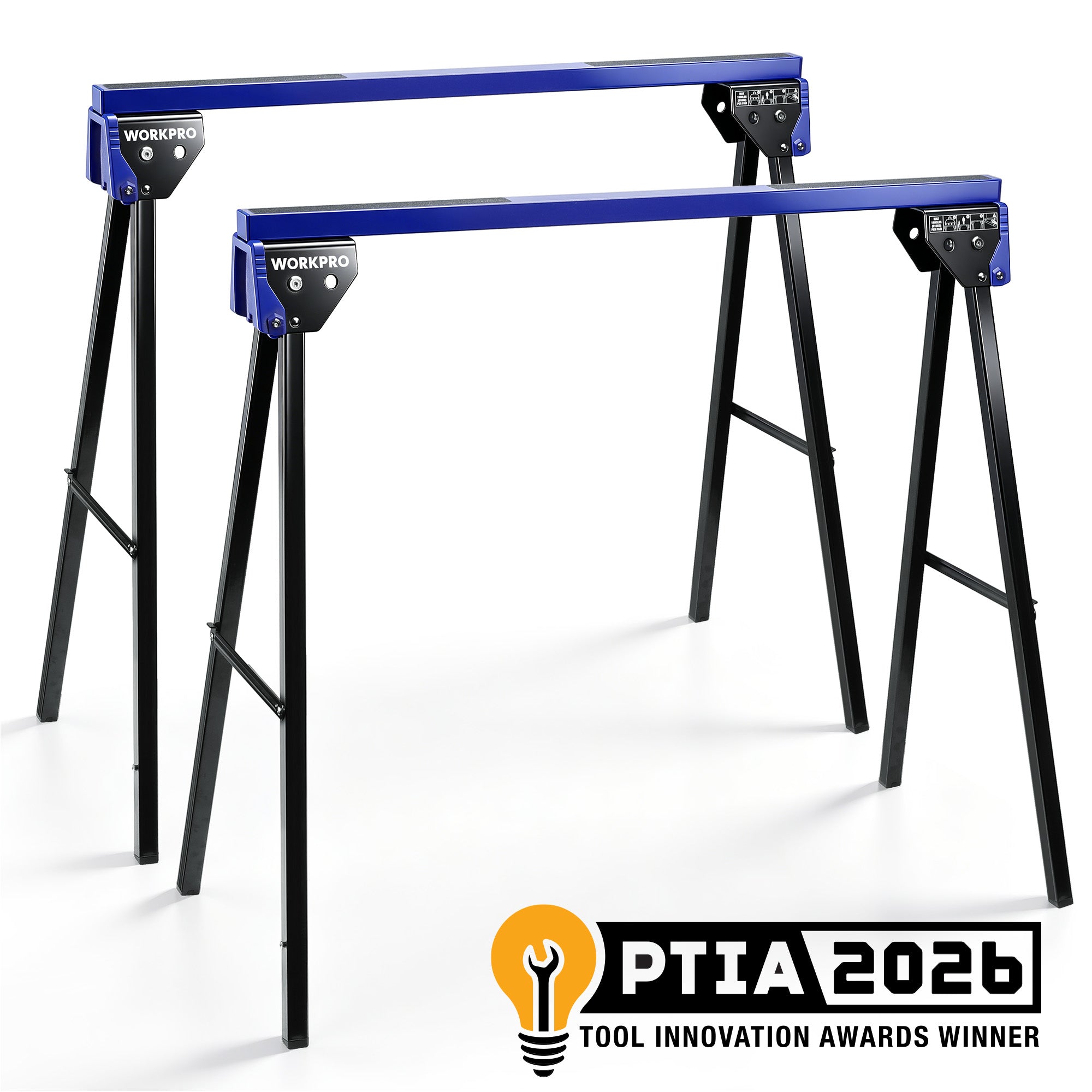 WORKPRO 2-Pack Heavy Duty Folding Sawhorses, 1800 lbs Load Capacity, Steel Sawhorse with Interlocking Design & Non-Slip Top for Workshop, Garage and Construction Projects