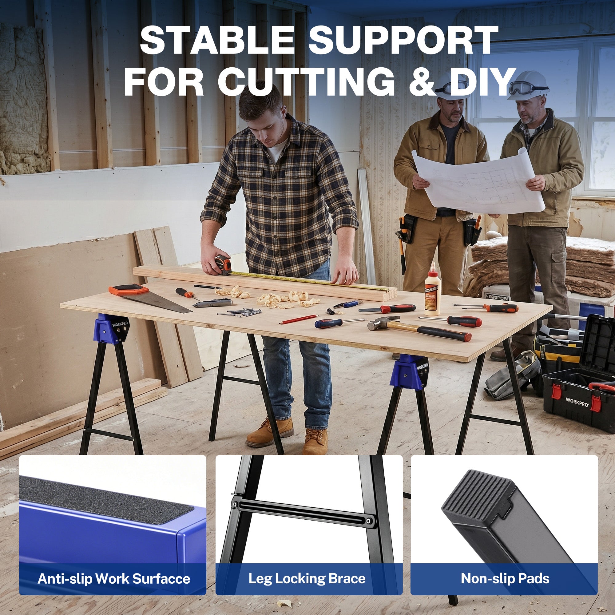 WORKPRO 2-Pack Heavy Duty Folding Sawhorses, 1800 lbs Load Capacity, Steel Sawhorse with Interlocking Design & Non-Slip Top for Workshop, Garage and Construction Projects - Image 6