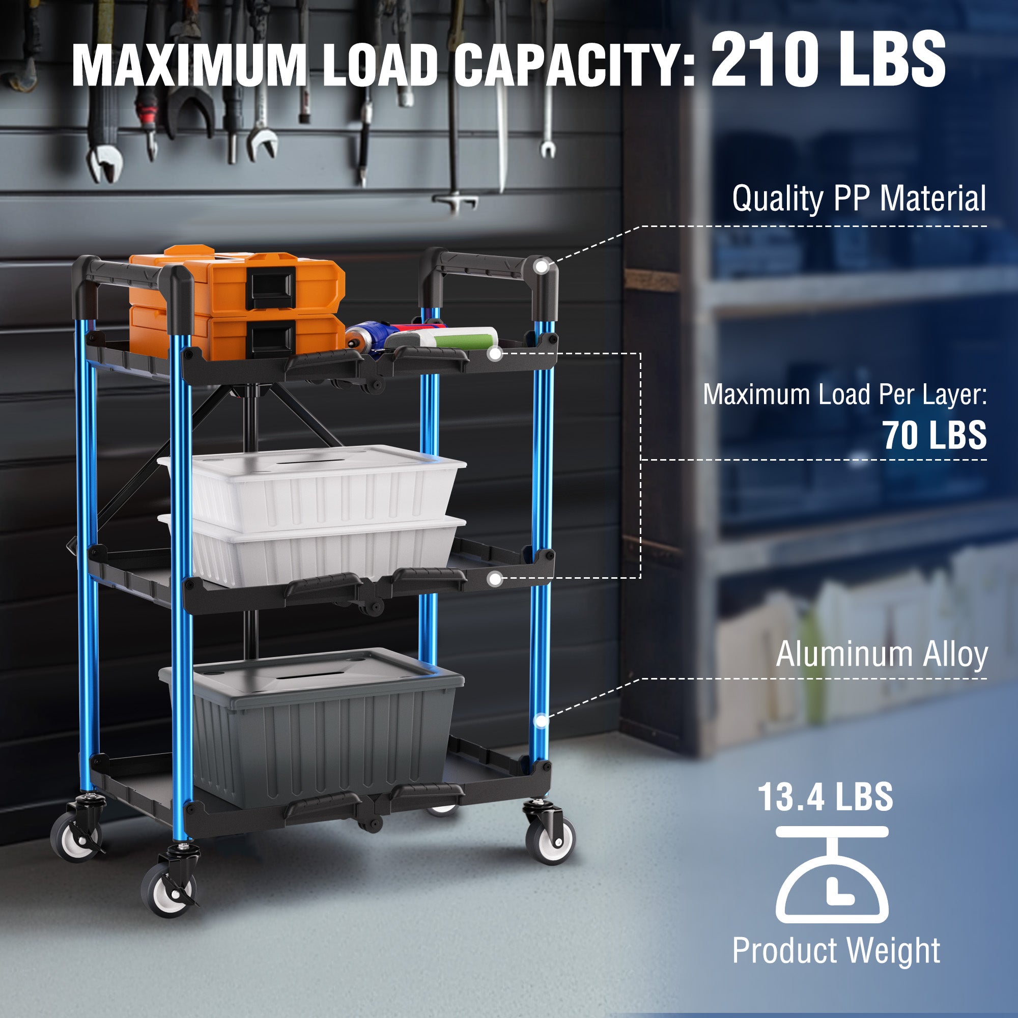 WORKPRO 3-Tier Collapsible Service Cart with Wheels, 210 LBS (No Assembly Required) - Image 4