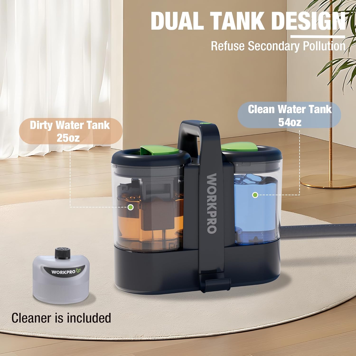 WORKPRO 13KPa Portable Carpet Spot and Upholstery Cleaner with 54oz Water Tank & Versatile Tools - Image 5