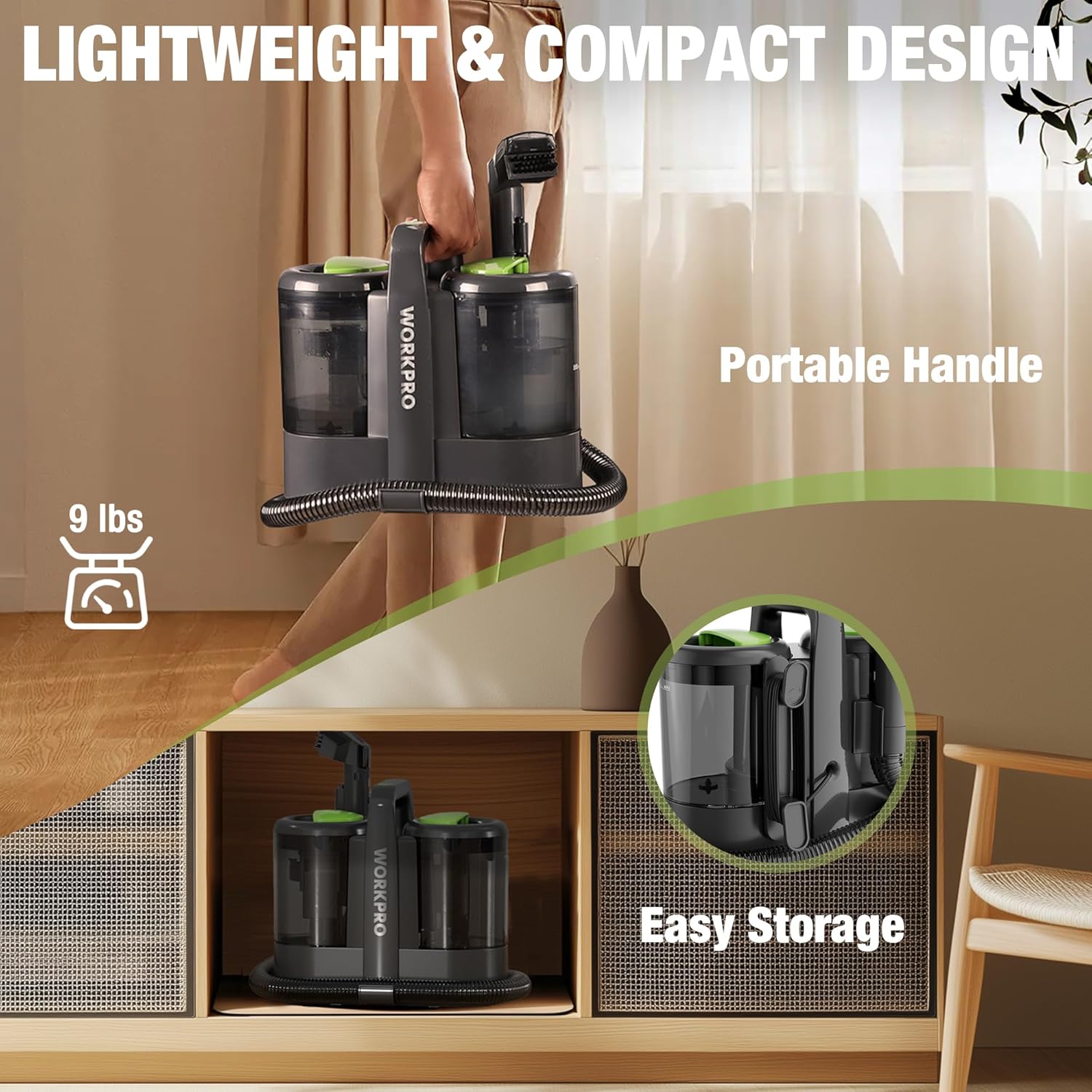 WORKPRO 13KPa Portable Carpet Spot and Upholstery Cleaner with 54oz Water Tank & Versatile Tools - Image 6