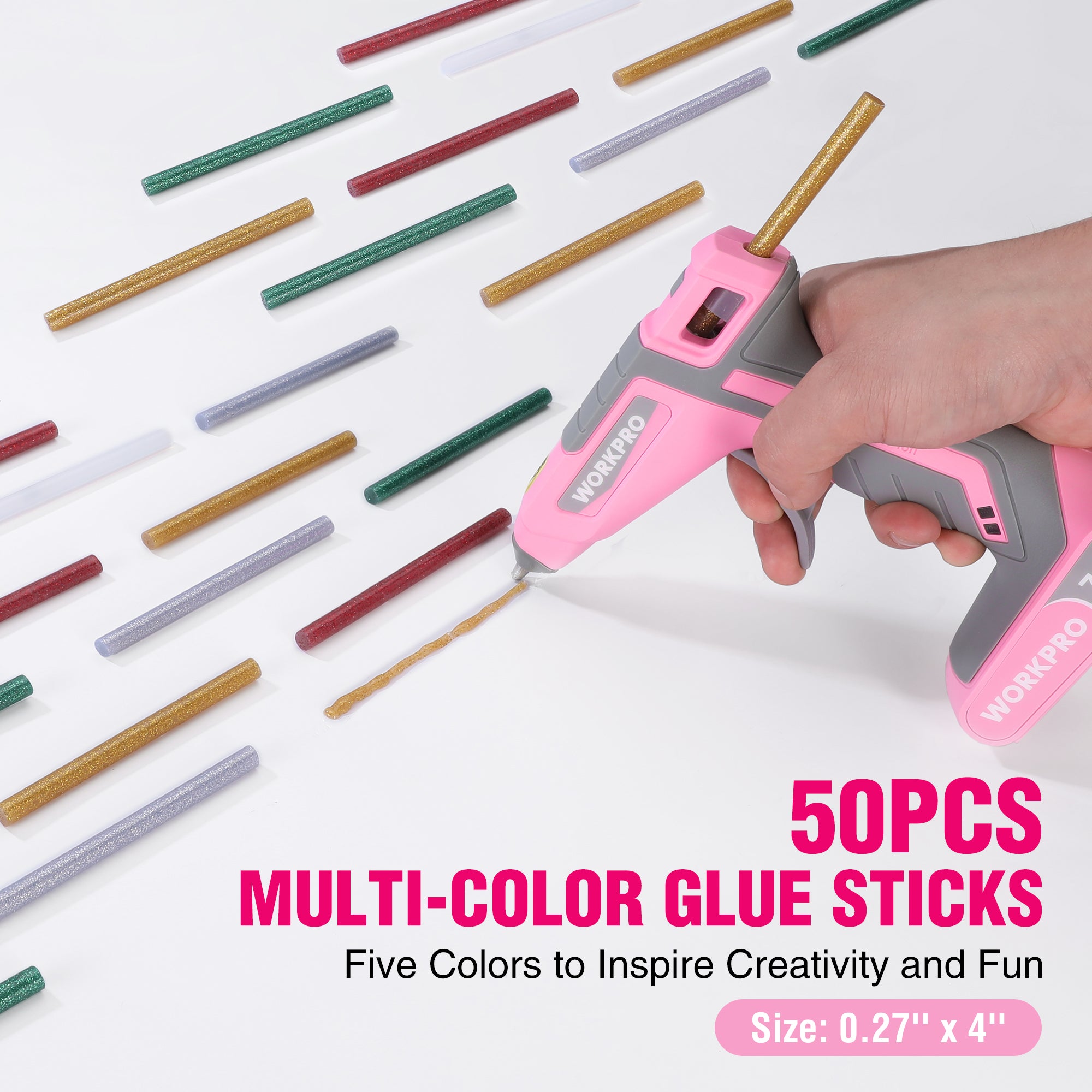 WORKPRO Cordless Hot Glue Gun Kit, 30s Fast Heat, 7.2V Dual Temp, 2600mAh Battery, 50 Glue Sticks, USB-C Charging & Storage Bag - Pink Ribbon - Image 10