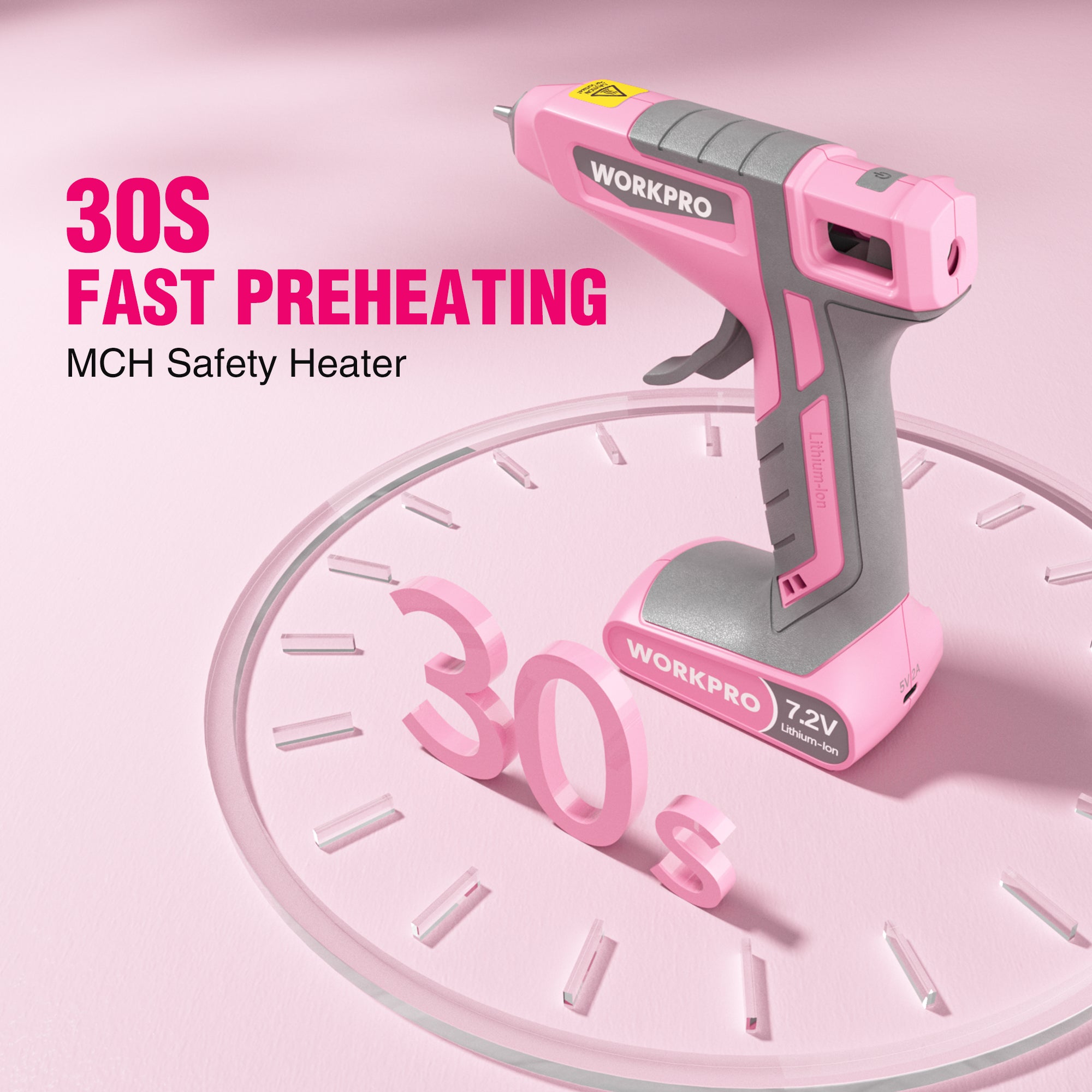 WORKPRO Cordless Hot Glue Gun Kit, 30s Fast Heat, 7.2V Dual Temp, 2600mAh Battery, 50 Glue Sticks, USB-C Charging & Storage Bag - Pink Ribbon - Image 3