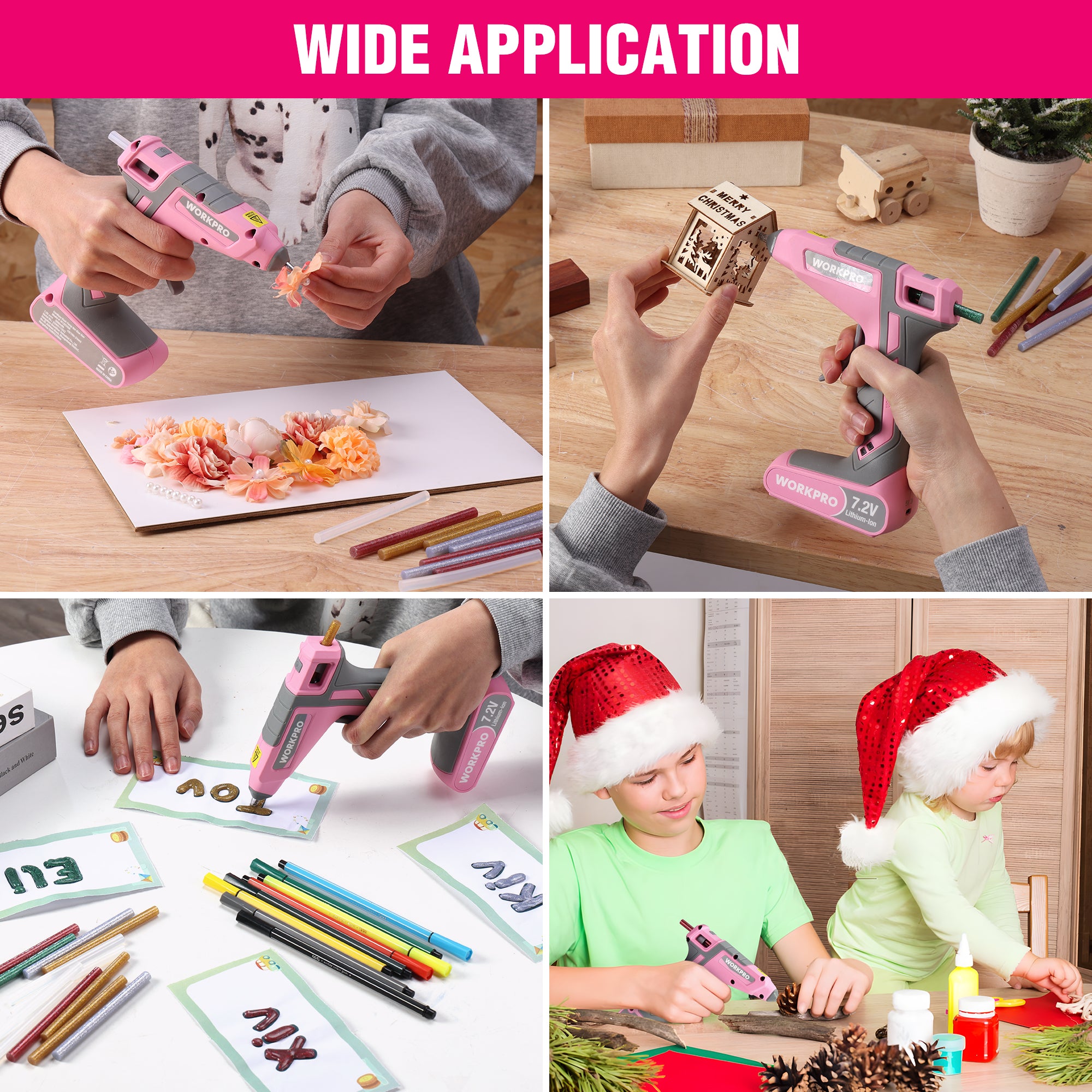 WORKPRO Cordless Hot Glue Gun Kit, 30s Fast Heat, 7.2V Dual Temp, 2600mAh Battery, 50 Glue Sticks, USB-C Charging & Storage Bag - Pink Ribbon - Image 9