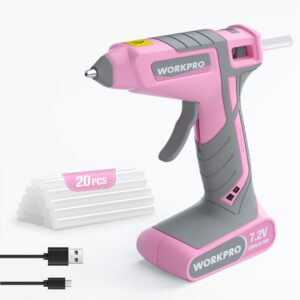 WORKPRO Pink Cordless Hot Melt Glue Gun, 7.2V Rechargeable Fast Preheating Glue Gun Kit with 20 Pc Premium Mini Glue Stick, Automatic-Power-Off Hot Glue Gun for Art, Craft, Decoration - Pink Ribbon