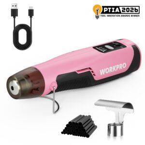 WORKPRO 7.2V Cordless Mini Heat Gun for DIY Crafts, 4000mAh Hot Air Gun, 1.5s Fast Heating, 3 Temp Settings (Cool/572&deg;F/842&deg;F), USB-C Rechargeable - Pink Ribbon