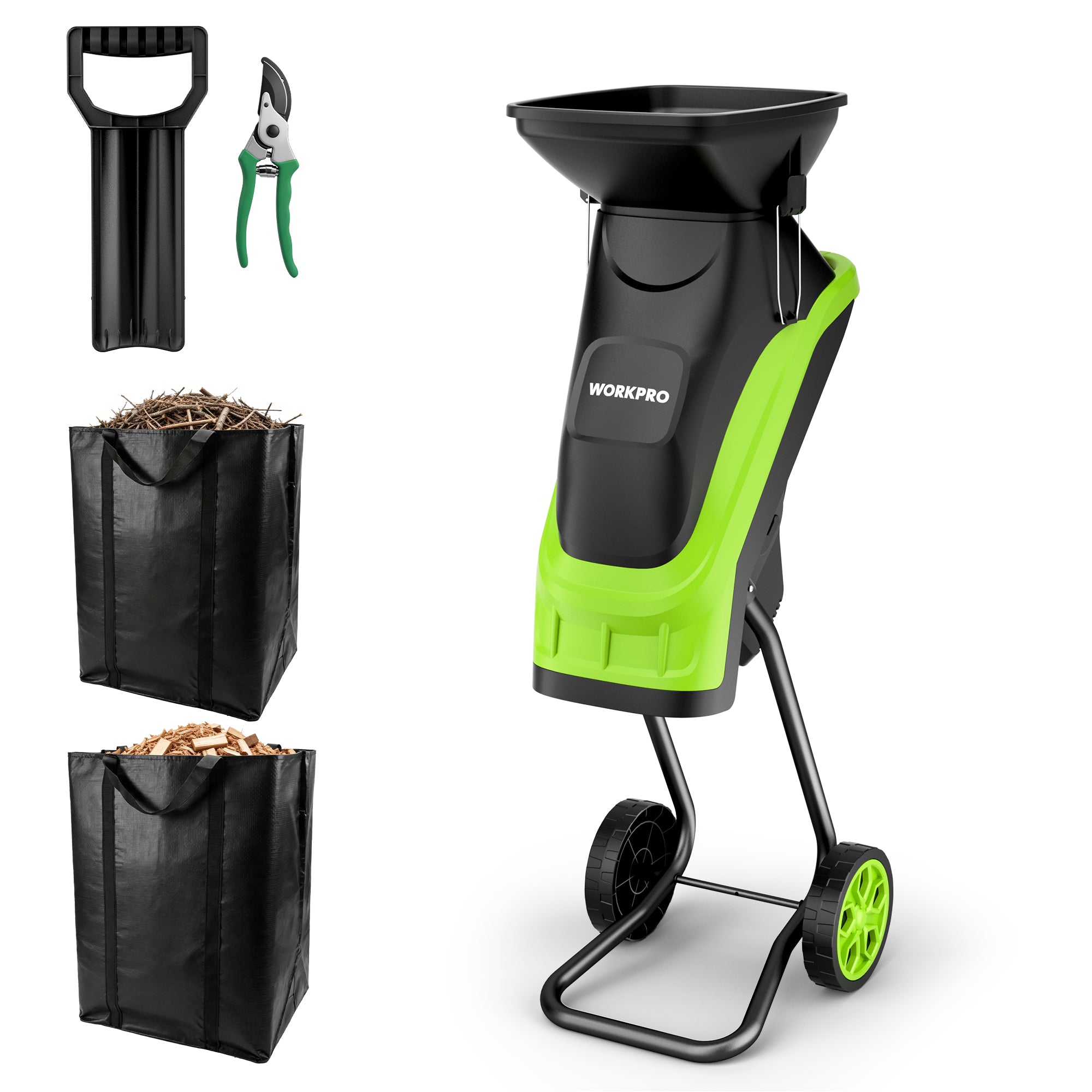 WORKPRO Electric Wood Chipper, 15A 4300RPM Corded Branch Shredder, 1.73" Cutting Capacity, 14:1 Reduction Ratio, SK5 Dual-Blade System, Portable Yard Chipper with Wheels & Collection Bag