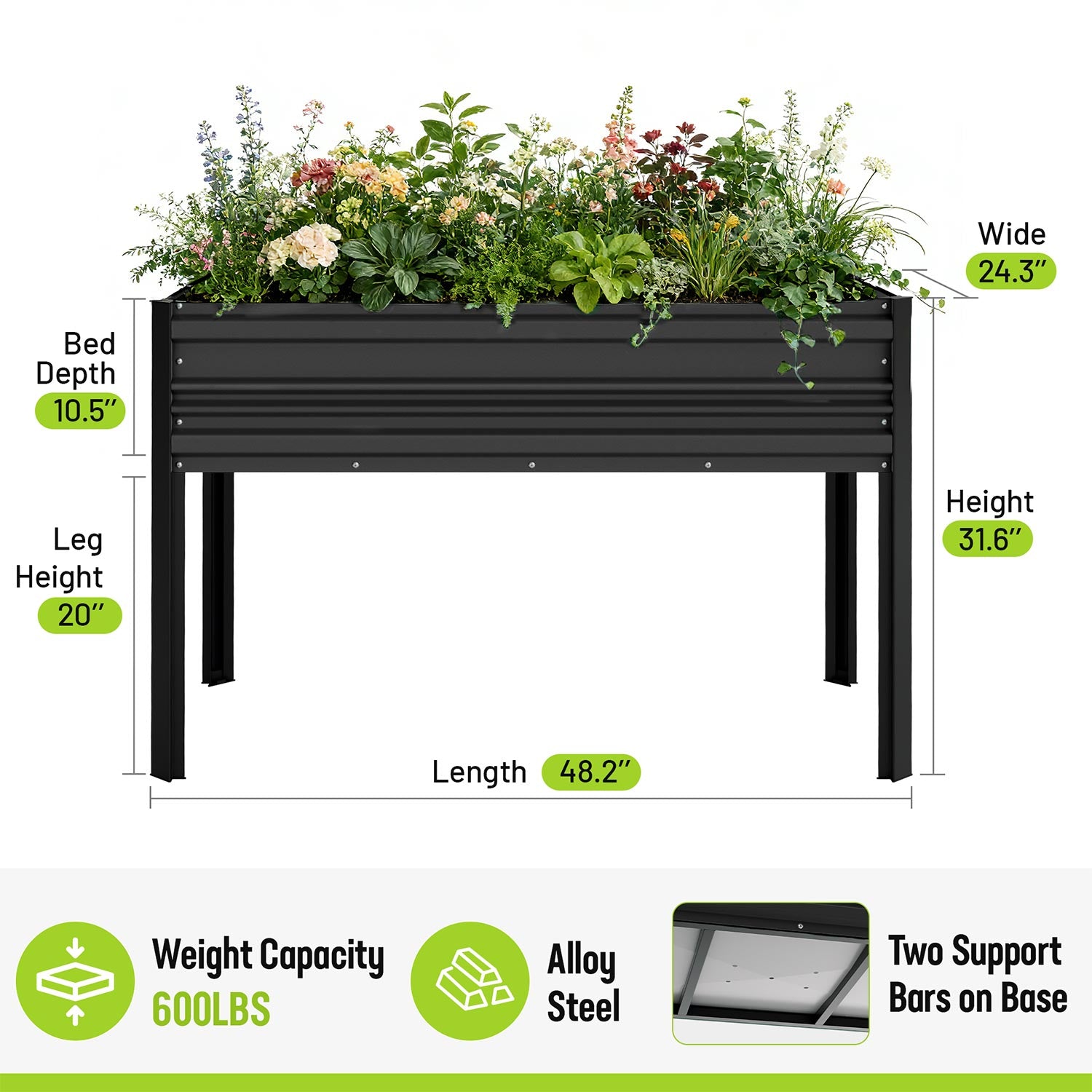 WORKPRO 48x24x32in Outdoor Galvanized Raised Garden Bed with Legs, 600LB Elevated Planter Box for Vegetable, Flowers, Herbs, Black - Image 2