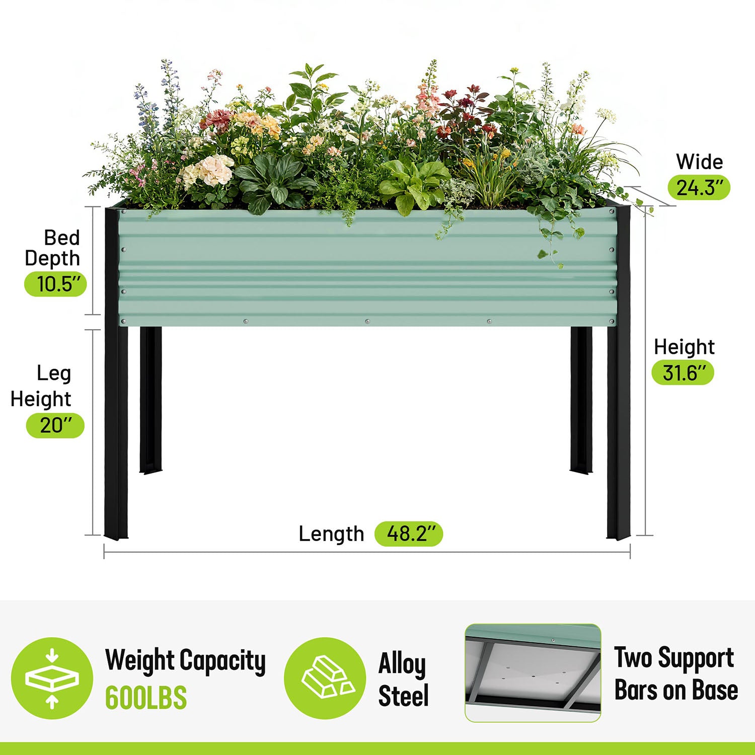 WORKPRO 48x24x32in Outdoor Galvanized Raised Garden Bed with Legs, 600LB Elevated Planter Box for Vegetable, Flowers, Herbs, Green - Image 2