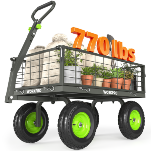 WORKPRO Large Heavy Duty Garden Cart 770 lb, 2-in-1 Convertible Utility Wagon with Removable Sides, 180&deg; Tow Handle for ATV or Lawn Tractor, 270&deg; Steering, Extra Large Yard Cart with All Terrain Tires