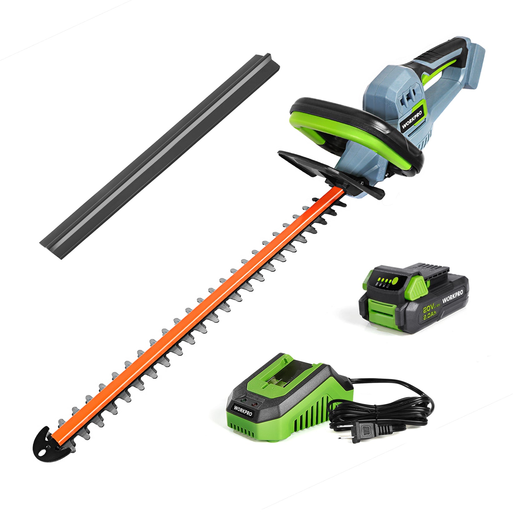 WORKPRO 20V Cordless Hedge Trimmer 20" Dual Action Blades Electric Gardening Tool 2.0Ah Battery and 1 Hour Quick Charger Included