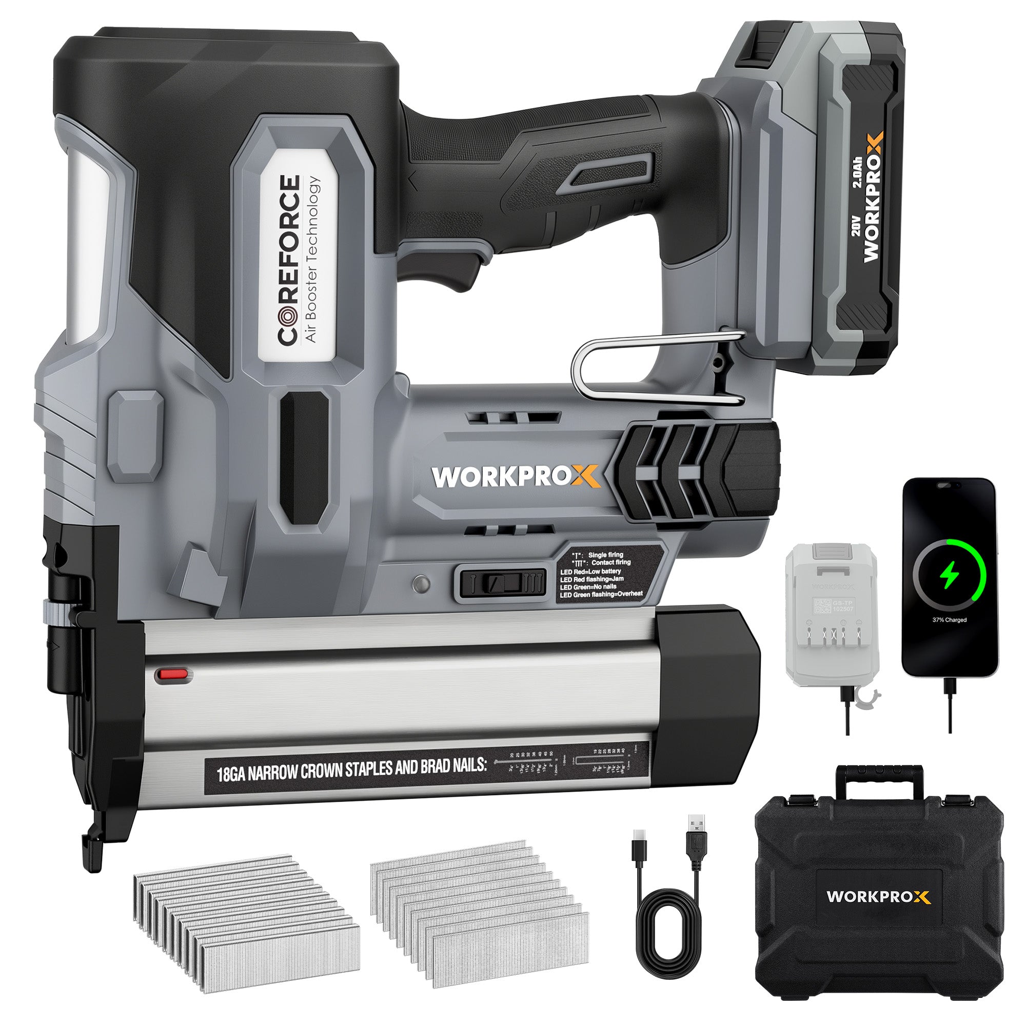 WORKPROX 20V Cordless Brad Nailer Kit, 18 Gauge 2-in-1 Nail & Staple Gun with 2.0Ah Rechargeable Battery, 1000 Staples & 1000 Nails, for Woodworking, Upholstery, DIY Projects & Home Improvement