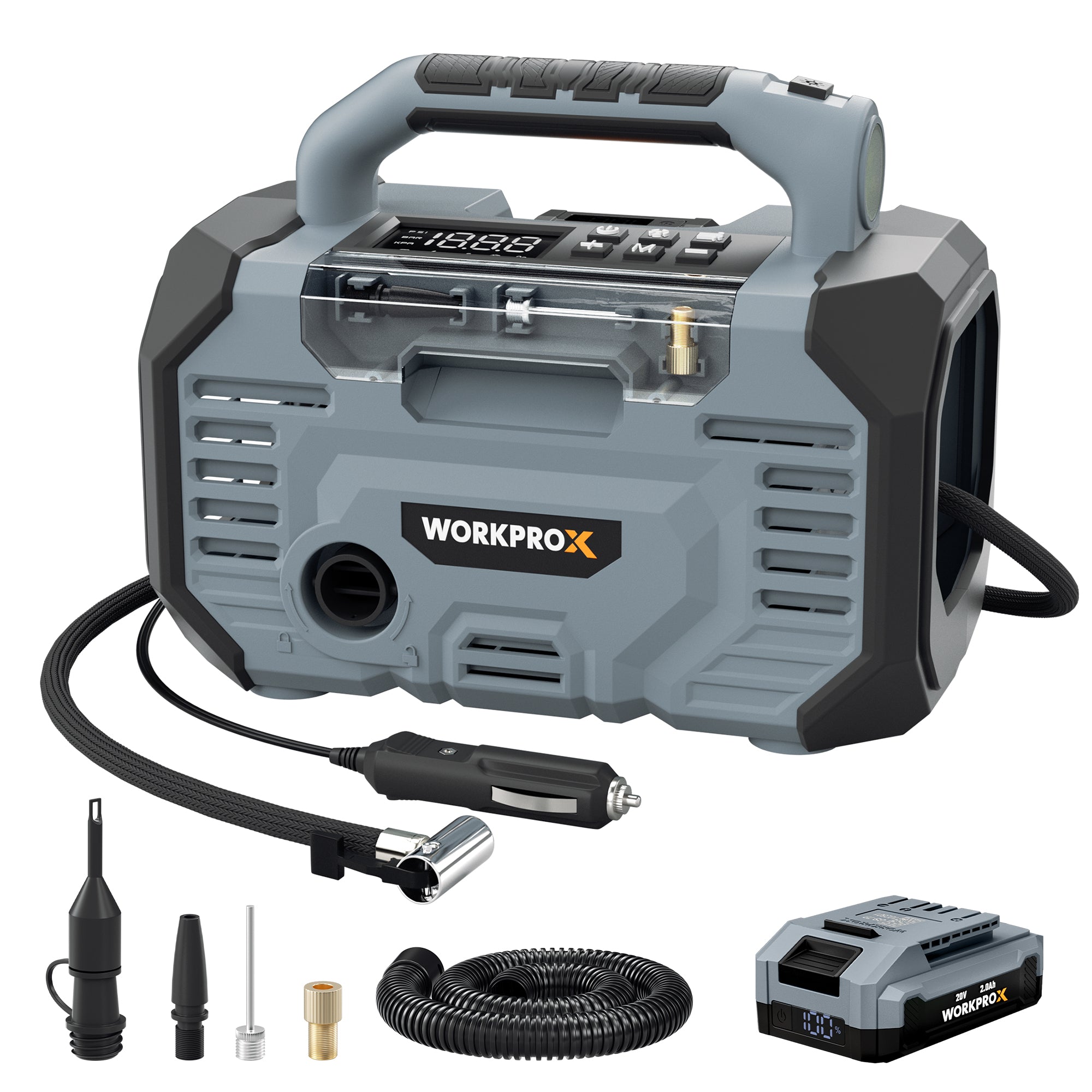 WORKPROX Tire Inflator Portable Air Compressor 150PSI – 12V DC & 20V Battery Car Air Pump, 2 Modes, Auto Shut-Off, Digital Gauge & LED Light, for Car, Bike, Ball & Air Mattress