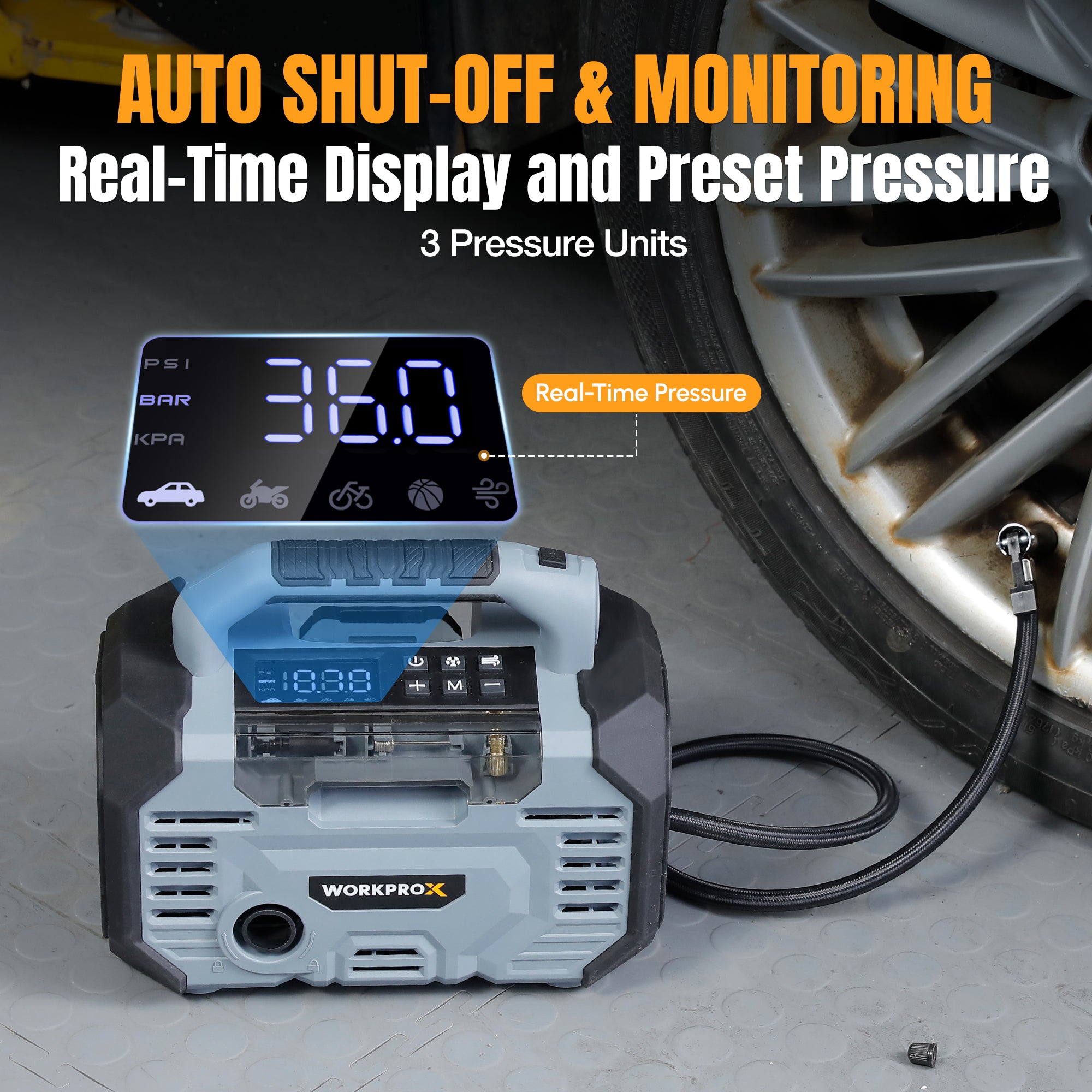 WORKPROX Tire Inflator Portable Air Compressor 150PSI – 12V DC & 20V Battery Car Air Pump, 2 Modes, Auto Shut-Off, Digital Gauge & LED Light, for Car, Bike, Ball & Air Mattress - Image 2