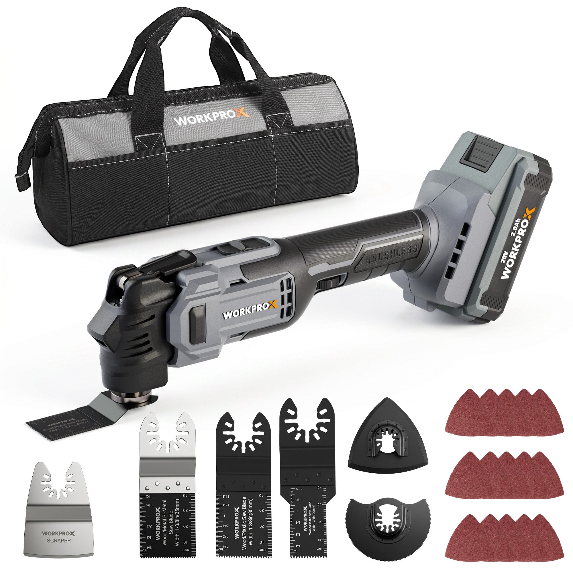 WORKPROX 20V Cordless Oscillating Multi-Tool Kit, Brushless Motor, 6-Speed, 3.6° Oscillation Angle, 22PCS Accessories & 1 Battery, Oscillating Tool for Cutting, Scraping, Sanding with Tool Bag