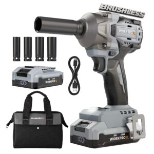 WORKPROX 20V Cordless Impact Wrench Brushless, 440 Ft-Ibs 1/2 Impact Gun | 600N.m High Torque Electric Impact Driver for Car Tire Change, Mower, Pickup & Home Repair, 3 Speeds, LED, 4 Sockets