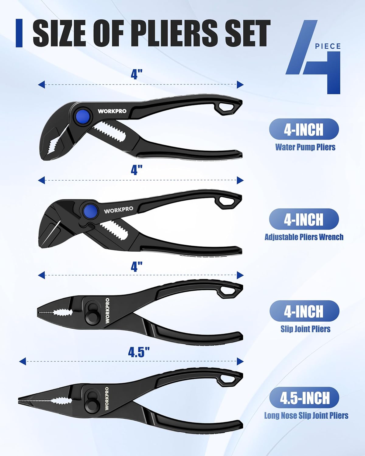 WORKPRO 4-Piece Mini Pliers Set with Pouch, Includes 4-Inch Plier Wrench & Slip Joint & Water Pump Pliers & 4.5-Inch Long Nose Slip Joint Plier, Adjustable Pliers/Pocket Plier/EDC Tool Gift for Man - Image 3