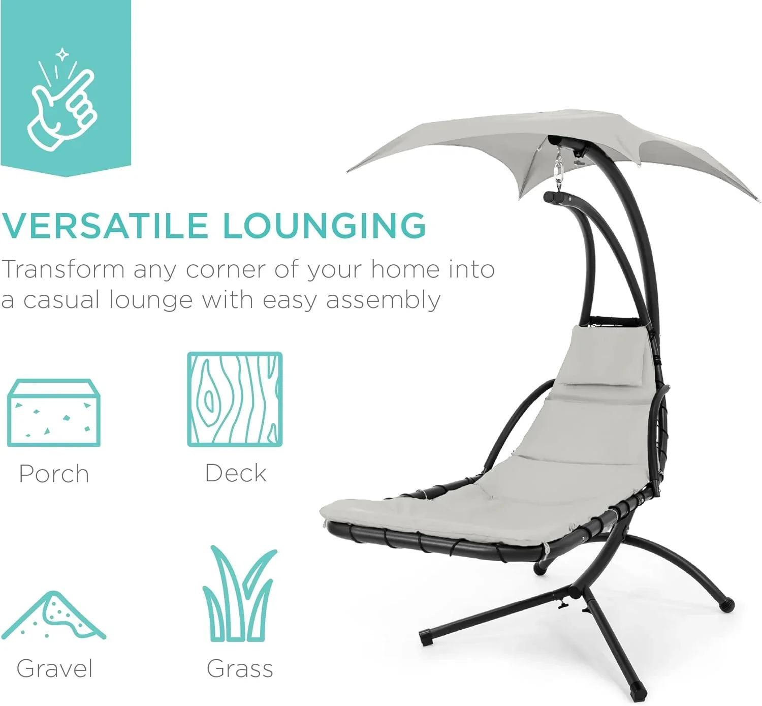 Best Choice Products Outdoor Hanging Curved Steel Chaise Lounge Chair Swing w/Built-in Pillow and Removable Canopy - Charcoal Gray - Image 106