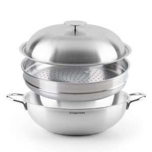 316 Stainless Steel Heavy Duty 12.6 inch 6.3 Quart Wok pan with Lid and Steamer, Stir Fry Pan, 5Ply, Induction Cookware, Dishwasher Safe, Oven Safe