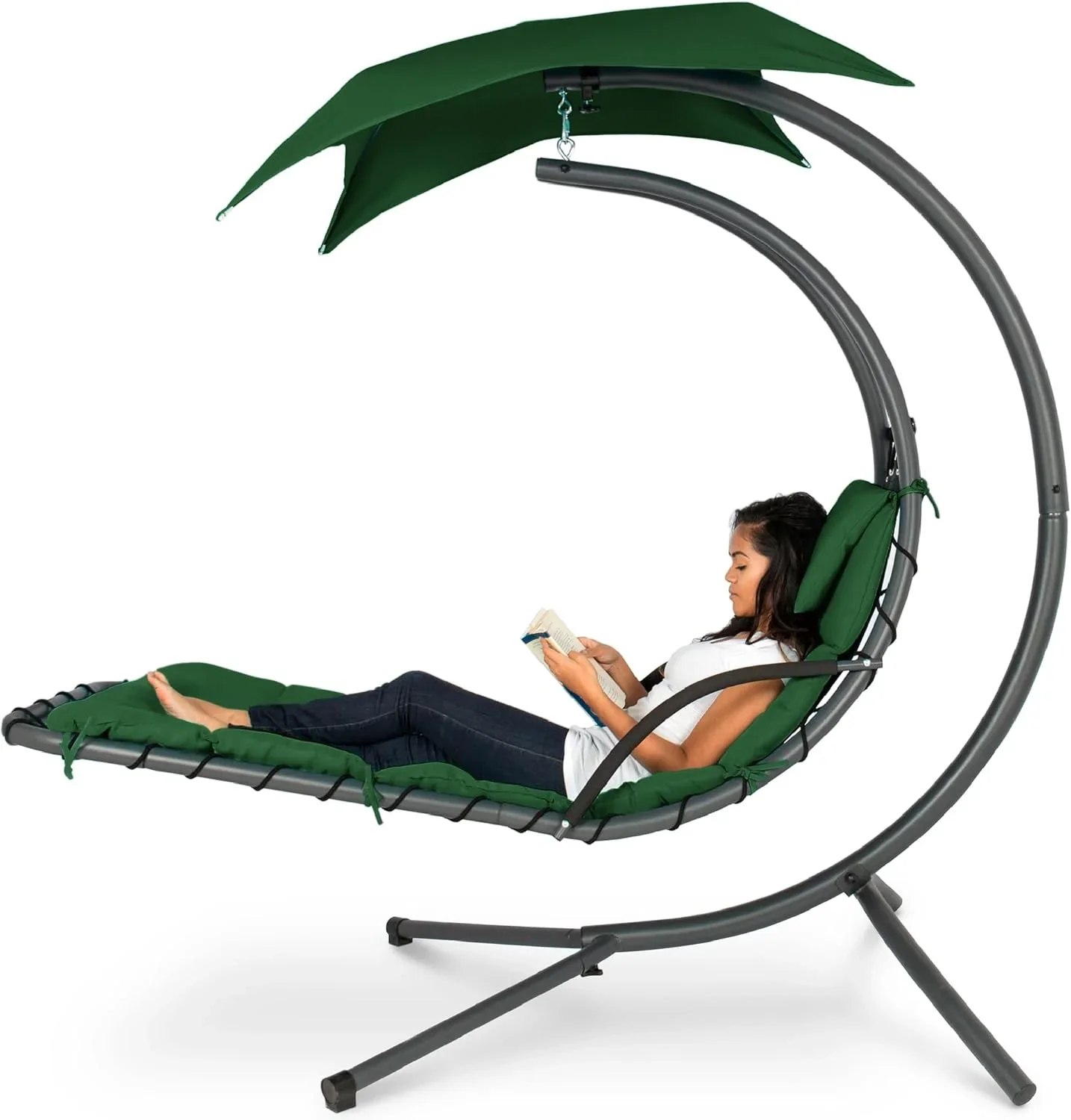 Best Choice Products Outdoor Hanging Curved Steel Chaise Lounge Chair Swing w/Built-in Pillow and Removable Canopy - Charcoal Gray - Image 28