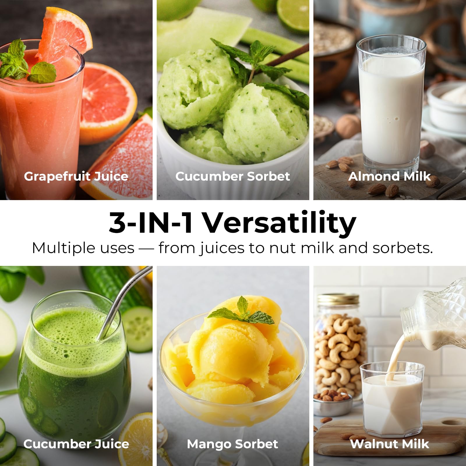 EanOruus Juicer Machines, 3-in-1 Cold Press Juicer, Premium Gray Makes Juice, Nut Milk & Sorbet, 6.5" Extra Large Chute, 100oz Large Capacity, AC Motor - Image 3