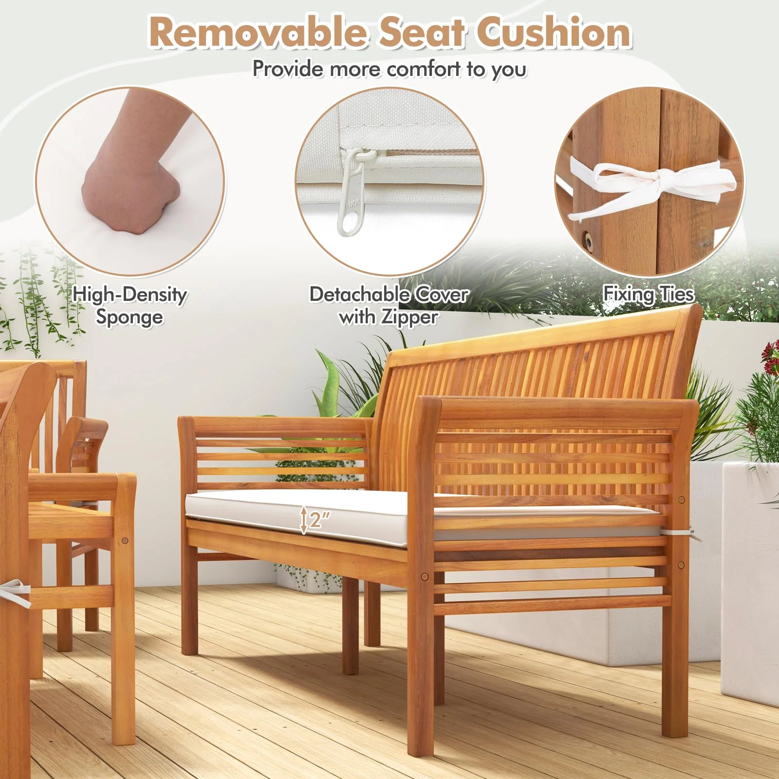 Tangkula 5 Piece Patio Furniture Set, Acacia Wood Conversation Set with 3-Seat Bench, Loveseat - Image 6