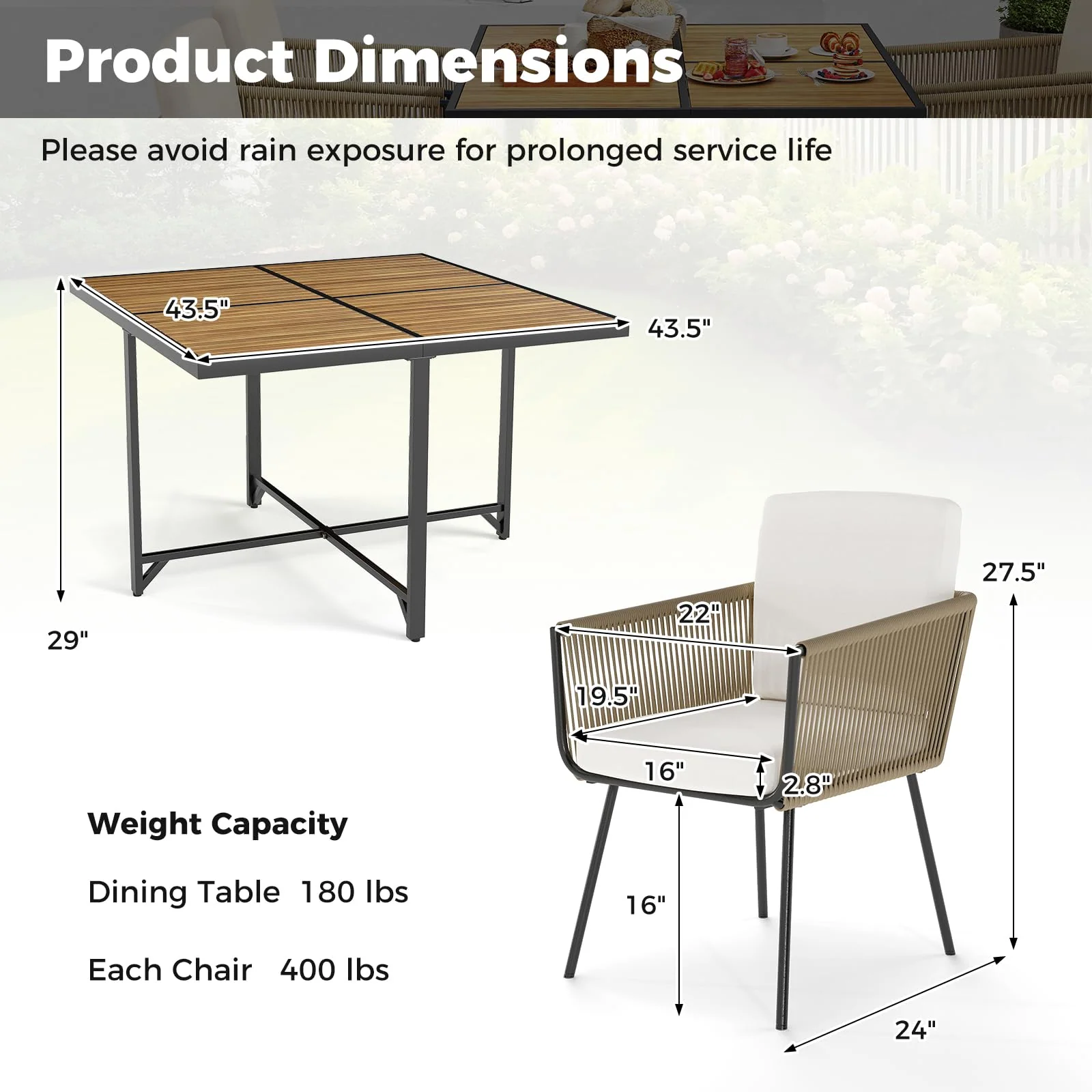Tangkula Outdoor Rectangular Table and Chairs with Acacia Wood Tabletop - Image 9