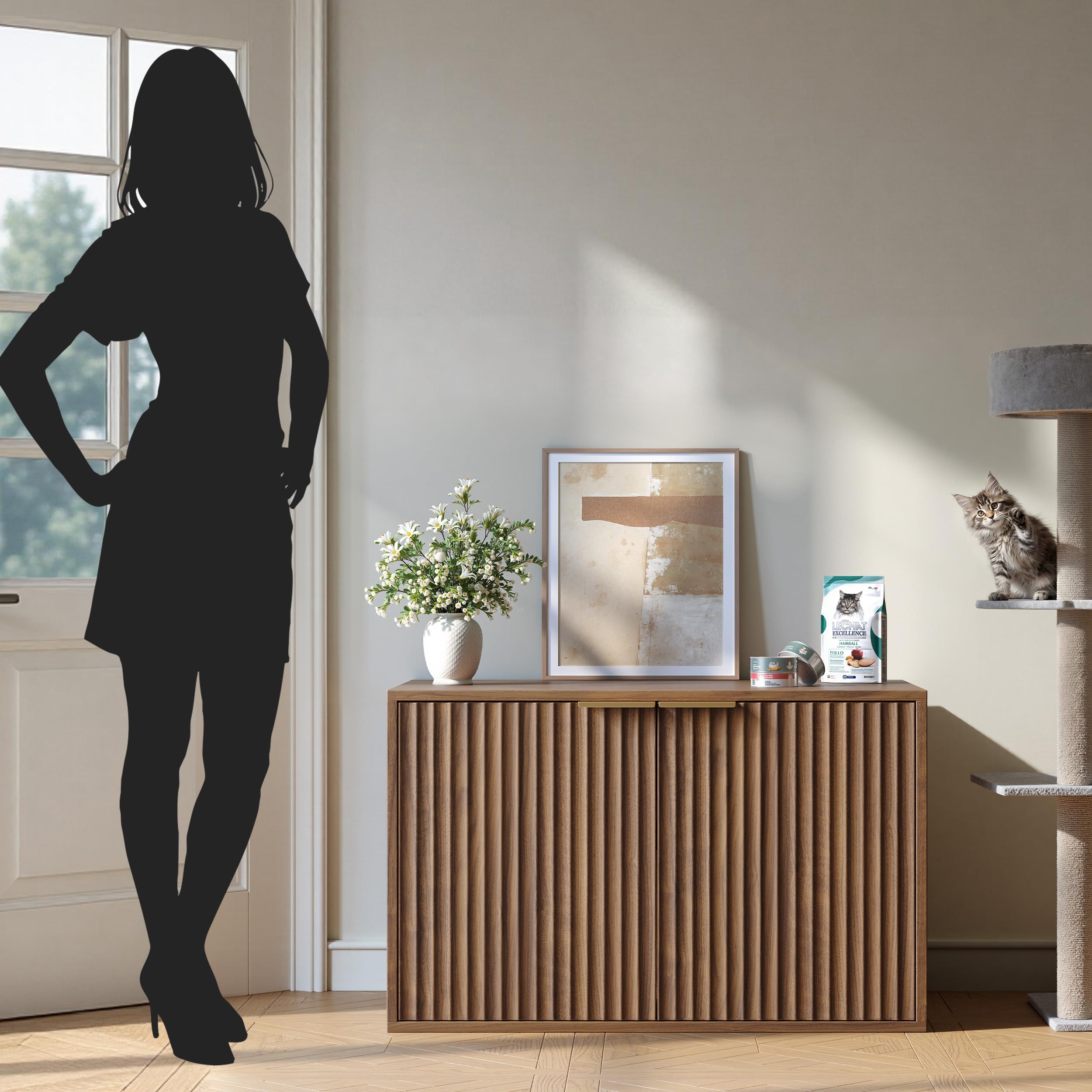 Evermagin 31.5" Cat Litter Box Enclosure Furniture Walnut Hidden Litter Box Cabinet, Modern Indoor Cat House, Fluted Kitty End Table for Living Room, Bedroom, Entryway - Image 2