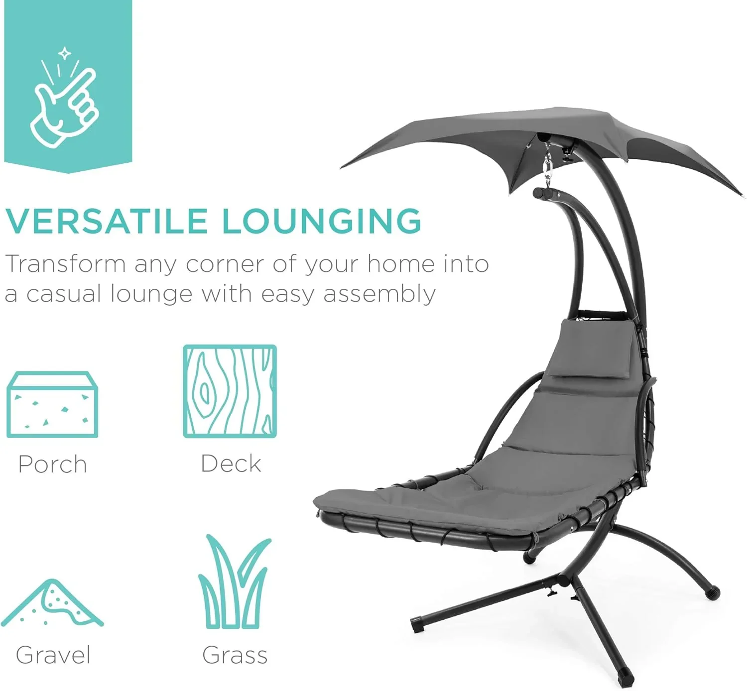 Best Choice Products Outdoor Hanging Curved Steel Chaise Lounge Chair Swing w/Built-in Pillow and Removable Canopy - Charcoal Gray - Image 55