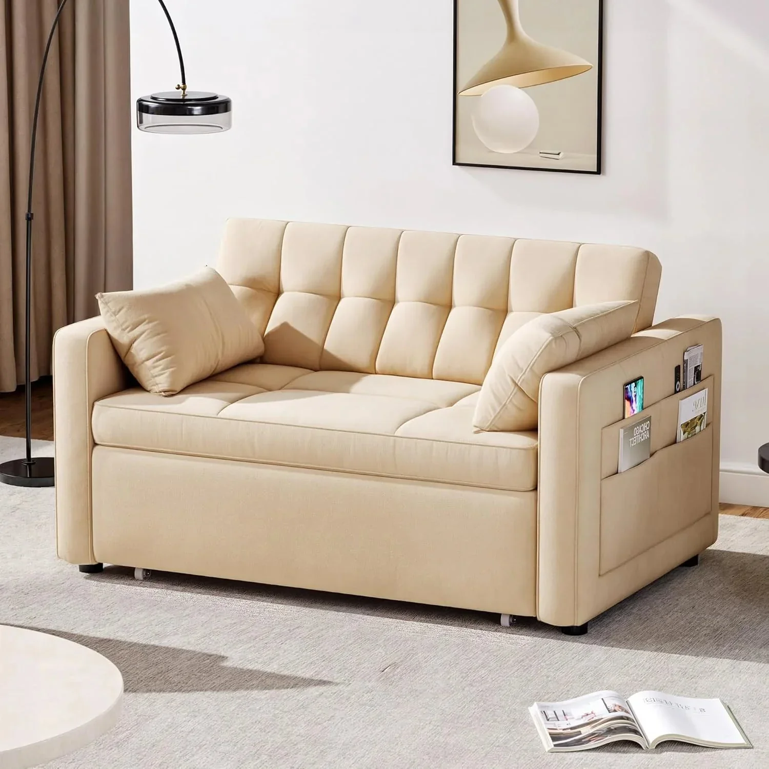 DWVO 3-in-1 Convertible Sofa Bed, 55" Sleeper Sofa with Pull-Out Bed, Cat-Scratch-Proof Fabric Futon Couch with Adjustable Backrest and Side Pocket, Loveseat for Living Room Apartment, Grey - Image 21