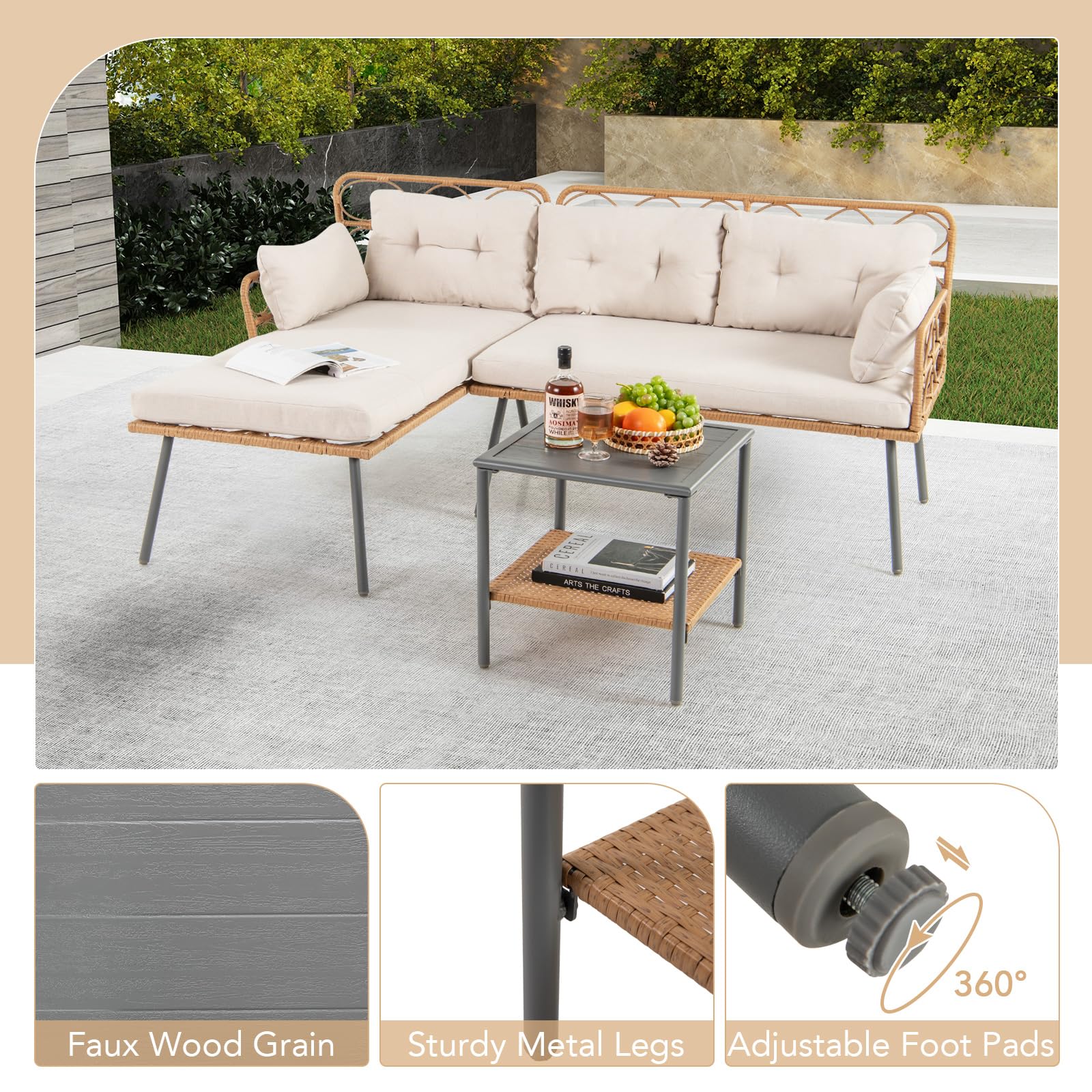 Tangkula 3 Pieces Corner Patio Furniture Set, PE Rattan L-Shaped Cushioned Sofa Set with Small Coffee Table - Image 8