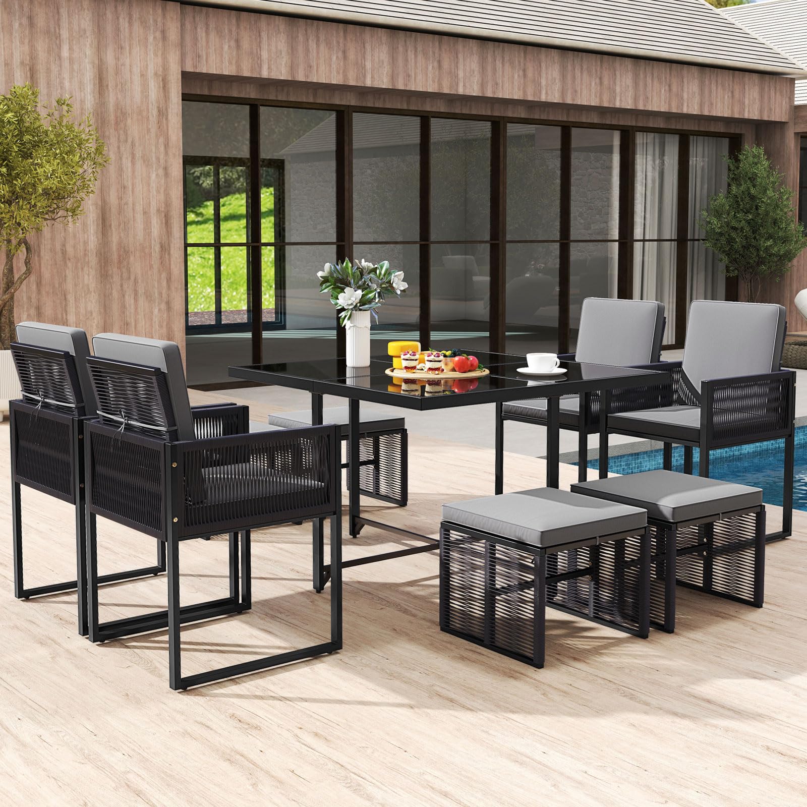 Tangkula 9 Pieces Patio Dining Set with PE Rattan Chairs - Image 3