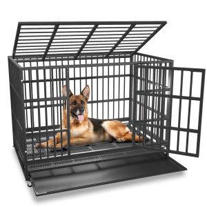 BOLDBONE 48 inch Heavy Duty Indestructible and Escape-Proof Dog Crate Cage Kennel for Large Dogs, High Anxiety Dog Crate with Removable Wire Trays and Wheels, Extra Large XL XXL, Black