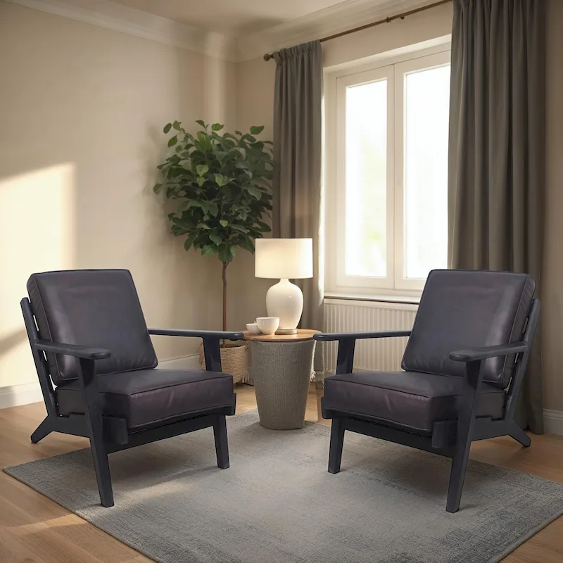 Handcrafted Amber Accent Chair with Slatted Mango Wood, Buffalo Leather Cushions, and Angled Legs - Image 6