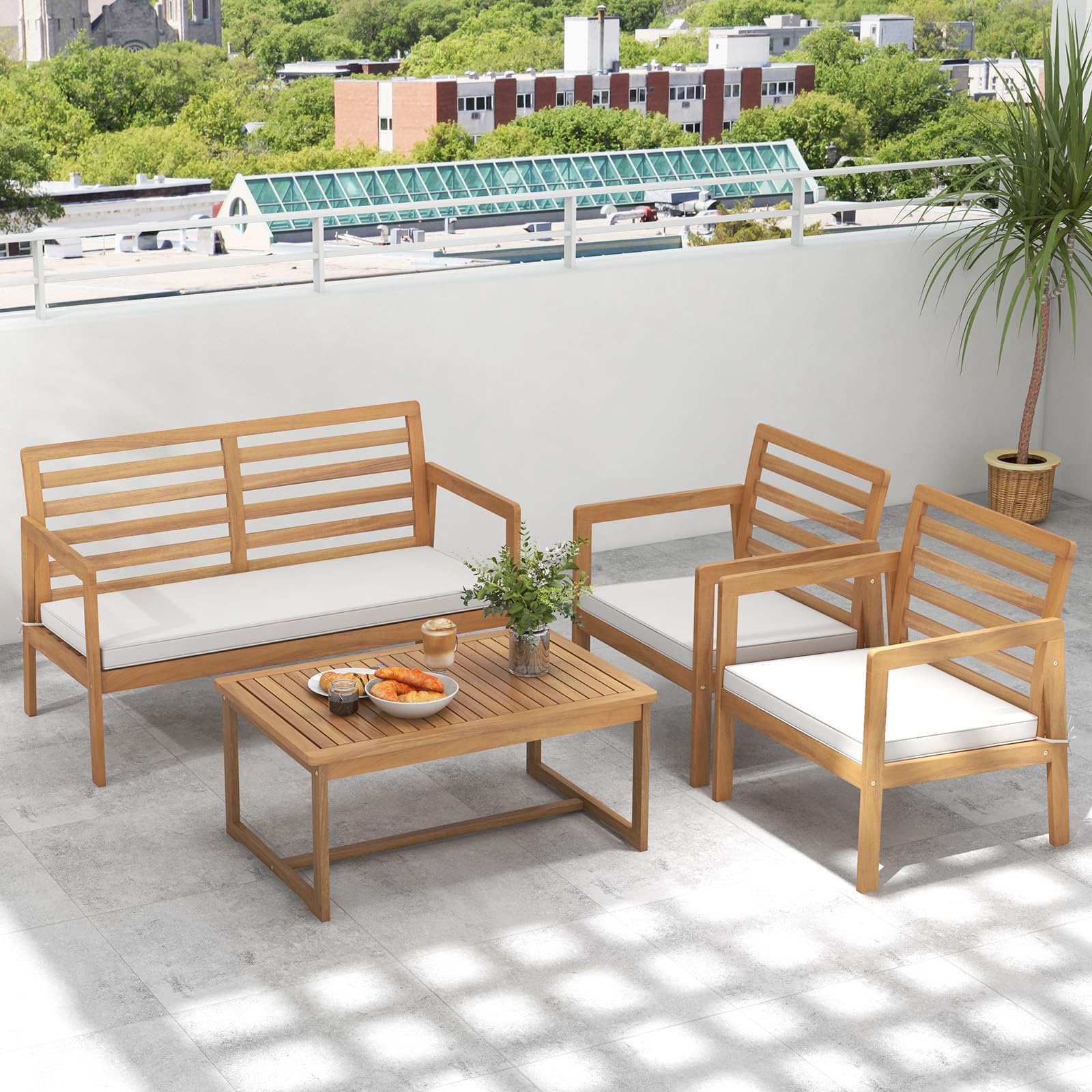 Tangkula 4 Piece Wood Patio Conversation Set, Patio Furniture Set w/Seat Cushions - Image 9