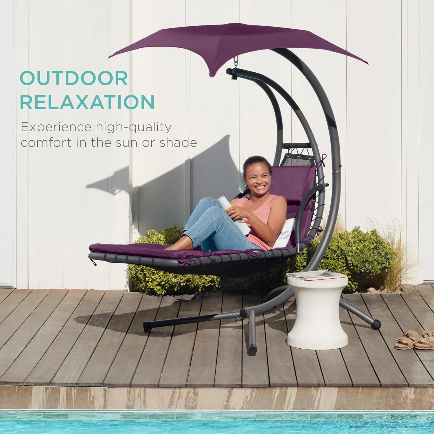 Best Choice Products Outdoor Hanging Curved Steel Chaise Lounge Chair Swing w/Built-in Pillow and Removable Canopy - Charcoal Gray - Image 69